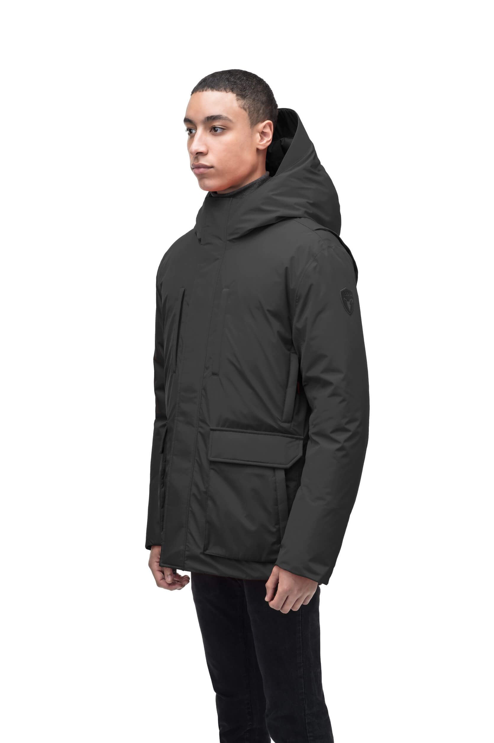 Geo Men's Short Parka in hip length, Canadian duck down insulation, non-removable hood, and two-way zipper, in Black