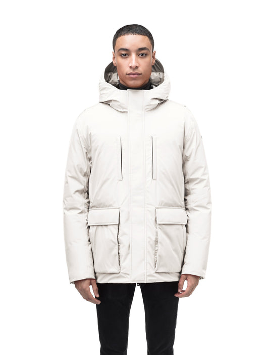 Geo Men's Short Parka in hip length, Canadian duck down insulation, non-removable hood, and two-way zipper, in Wheat