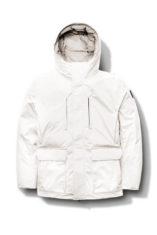 Geo Men's Short Parka in hip length, Canadian duck down insulation, non-removable hood, and two-way zipper, in Wheat