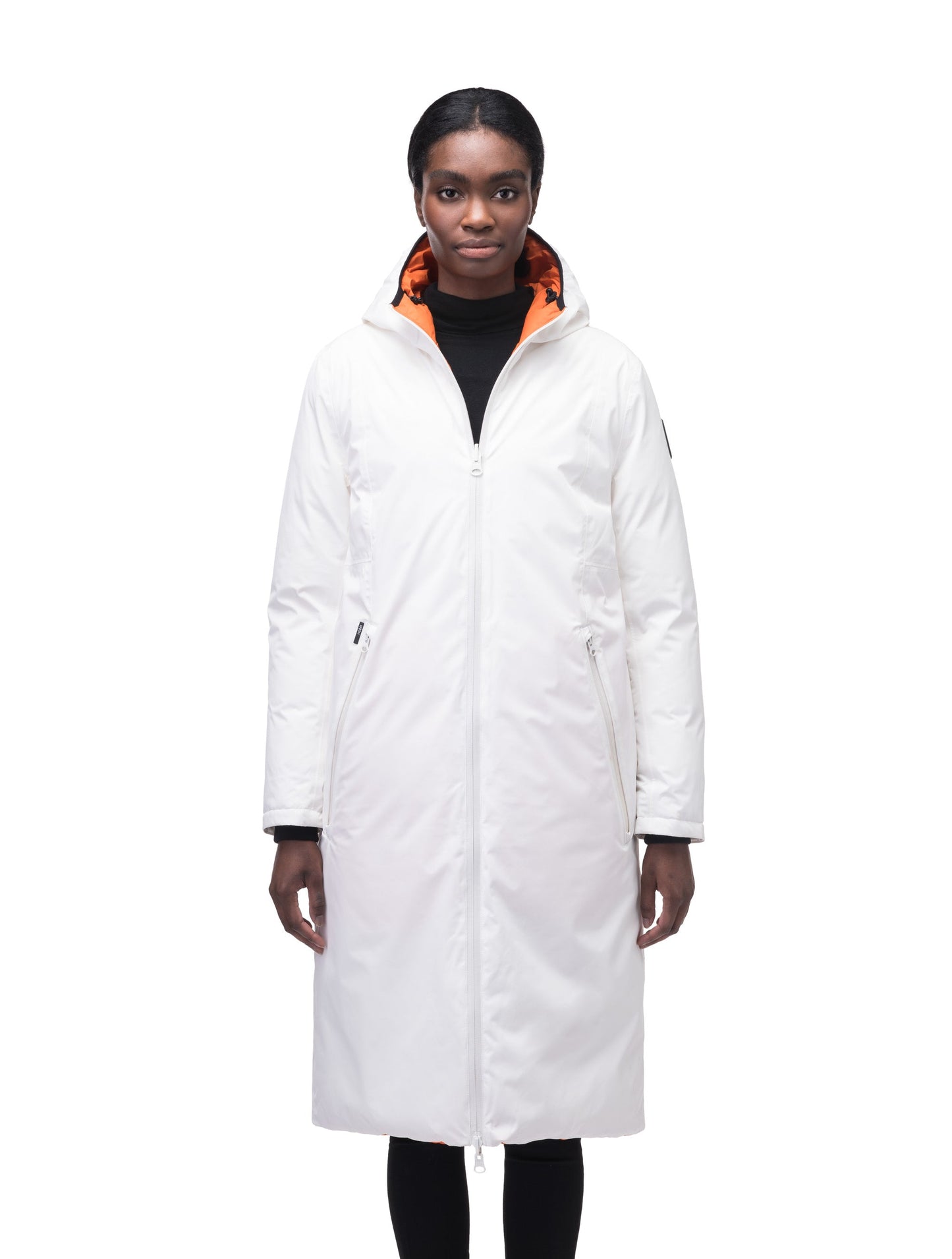 Ladies knee length reversible down-filled parka with non-removable hood in Chalk/Atomic