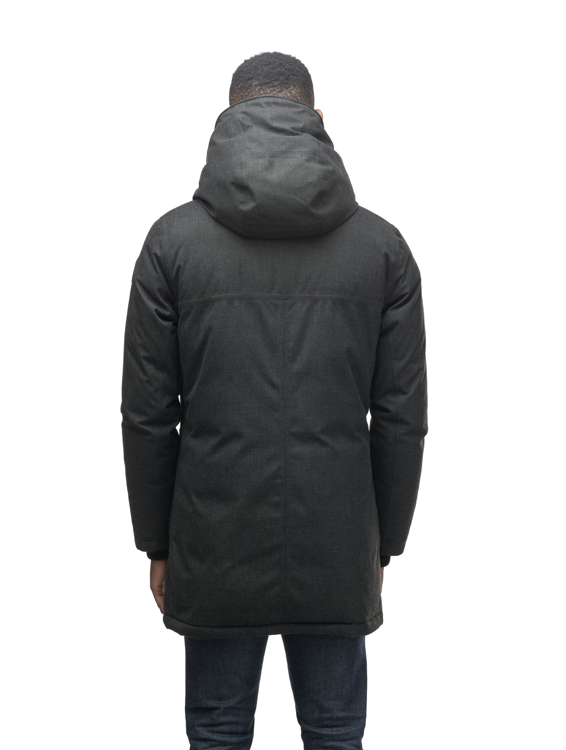 Men's fur free hooded parka with zipper and button closure placket featuring two oversized front pockets in H. Black