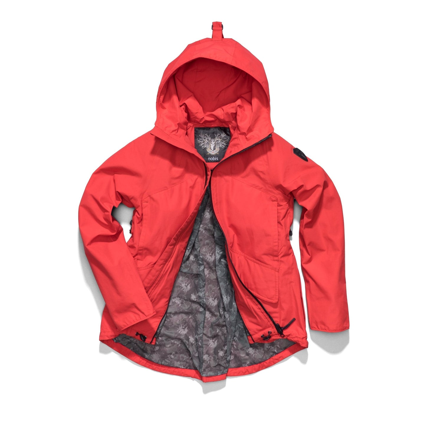 Women's hooded rain jacket with high low hem in Red