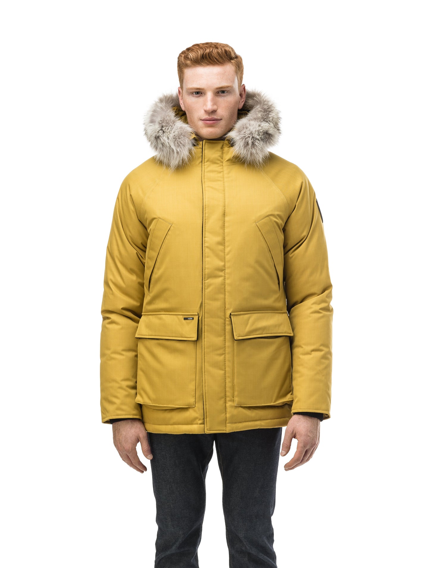 Men's waist length down filled jacket with two front pockets with magnetic closure and a removable fur trim on the hood in CH Yellow