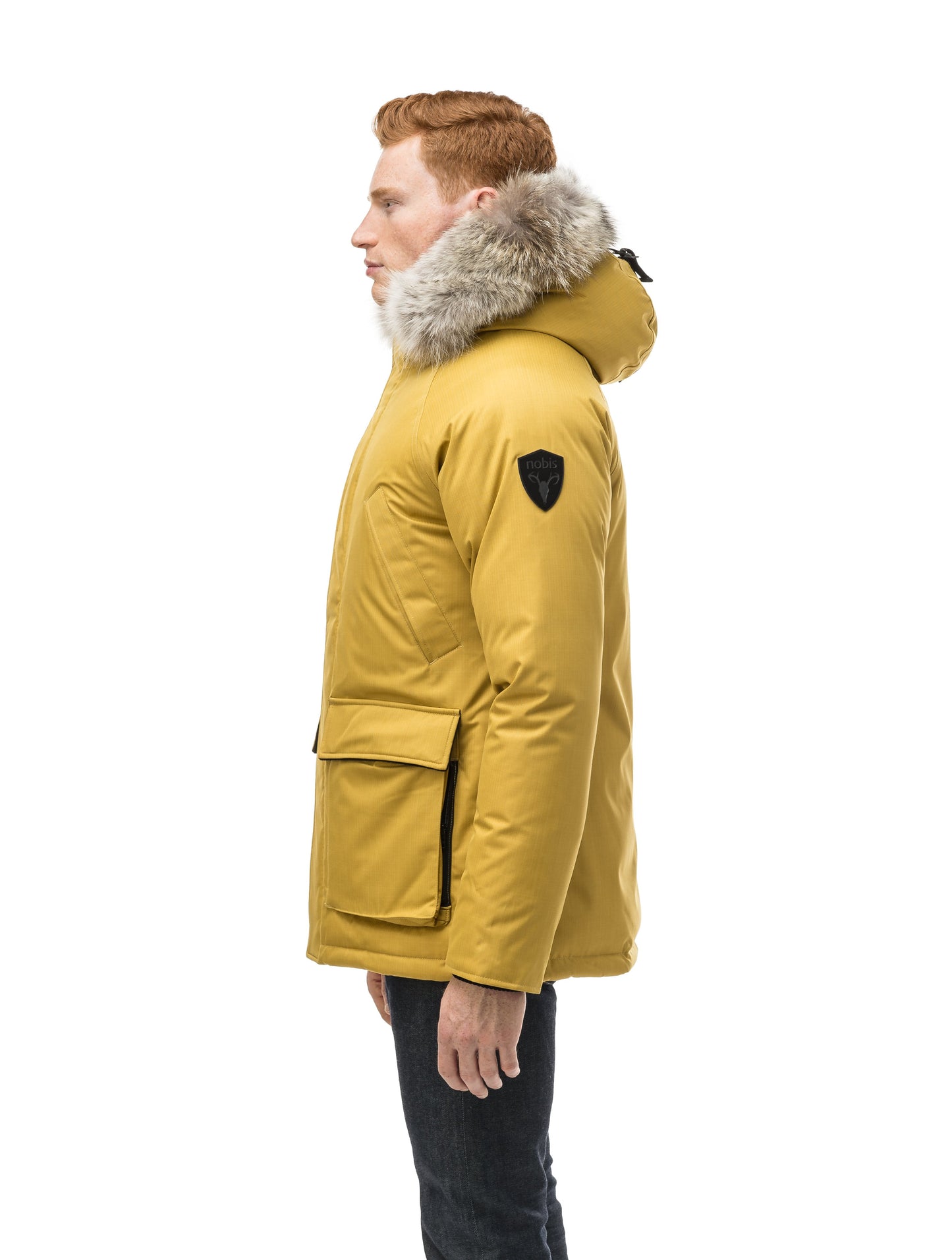 Men's waist length down filled jacket with two front pockets with magnetic closure and a removable fur trim on the hood in CH Yellow