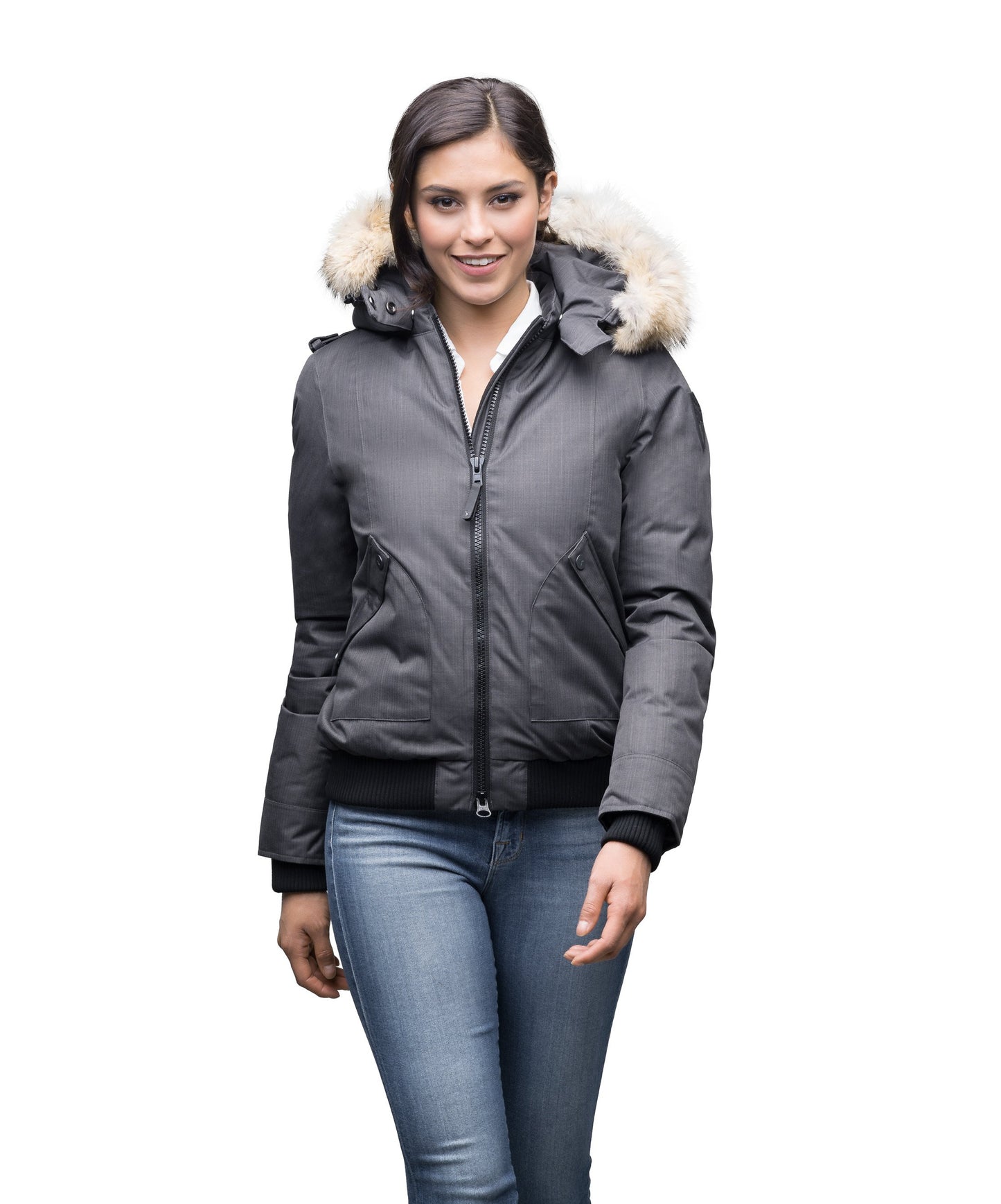 Women's bomber style down filled jacket with a removable hood and fur trim in CH Steel Grey