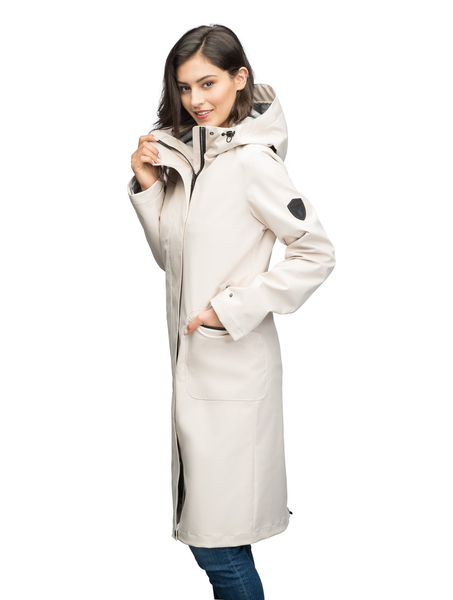 Women's long raincoat with an adjustable hood in Camel