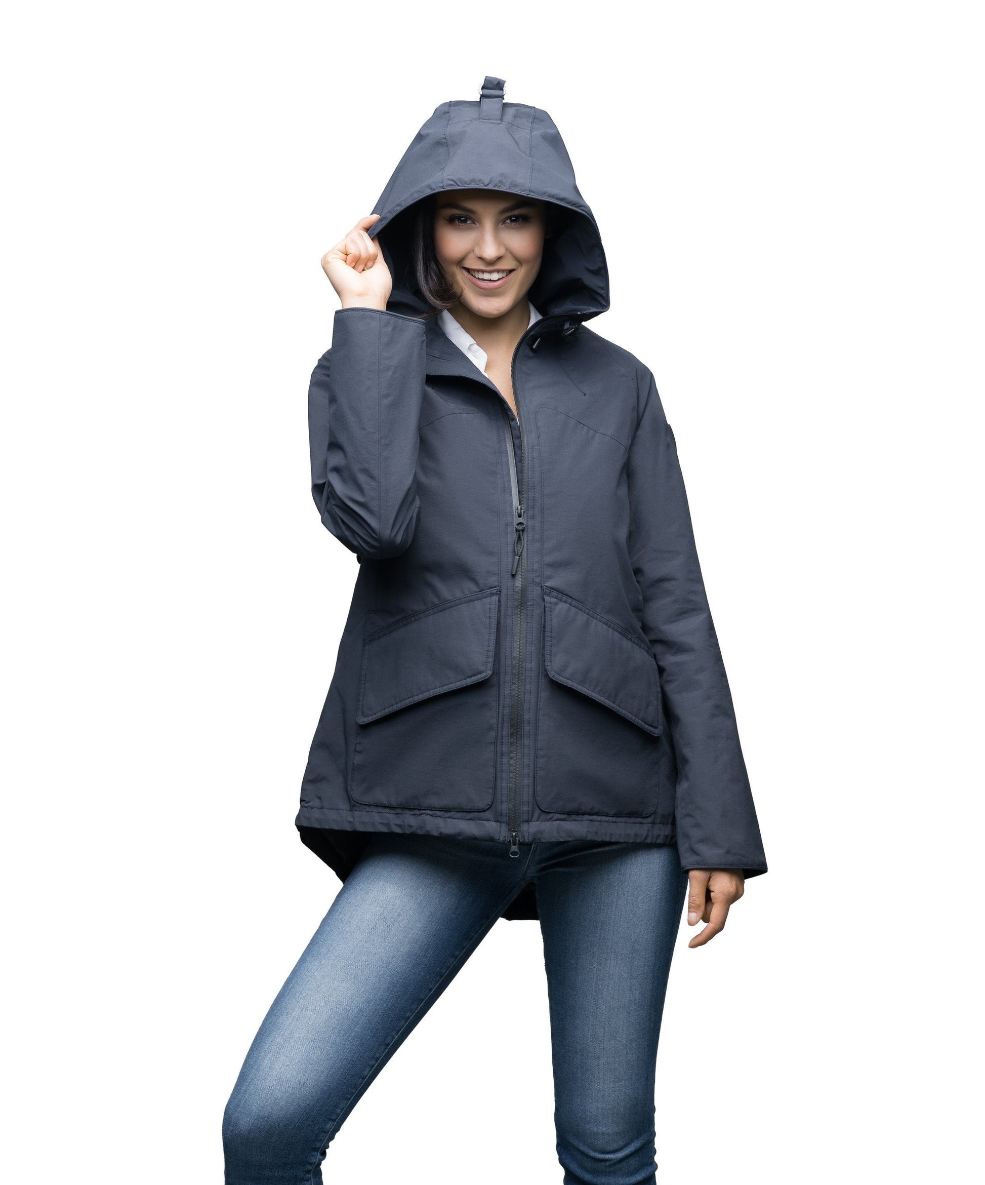 Women's hooded rain jacket with high low hem in Navy