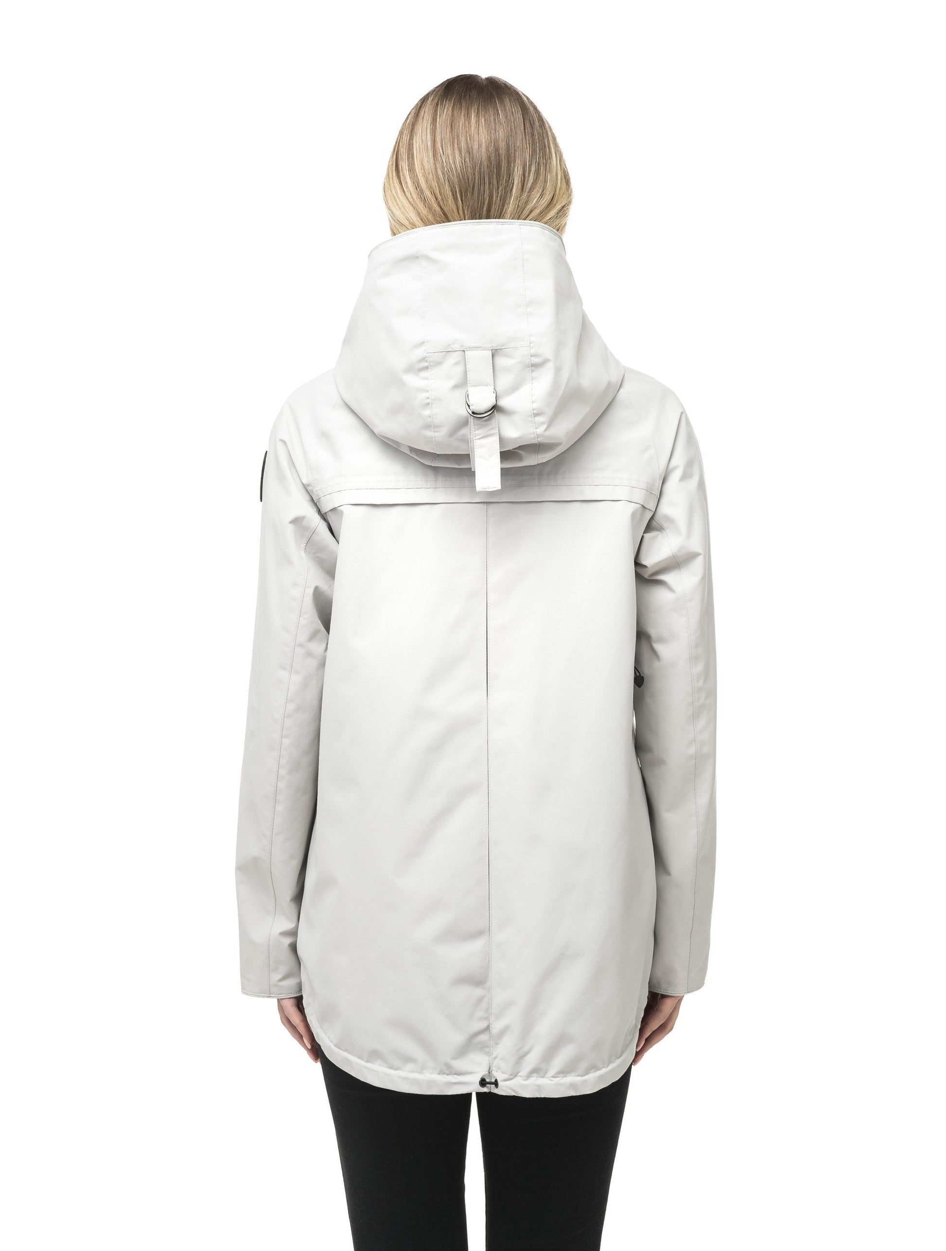 Women's hooded rain jacket with high low hem in Light Grey
