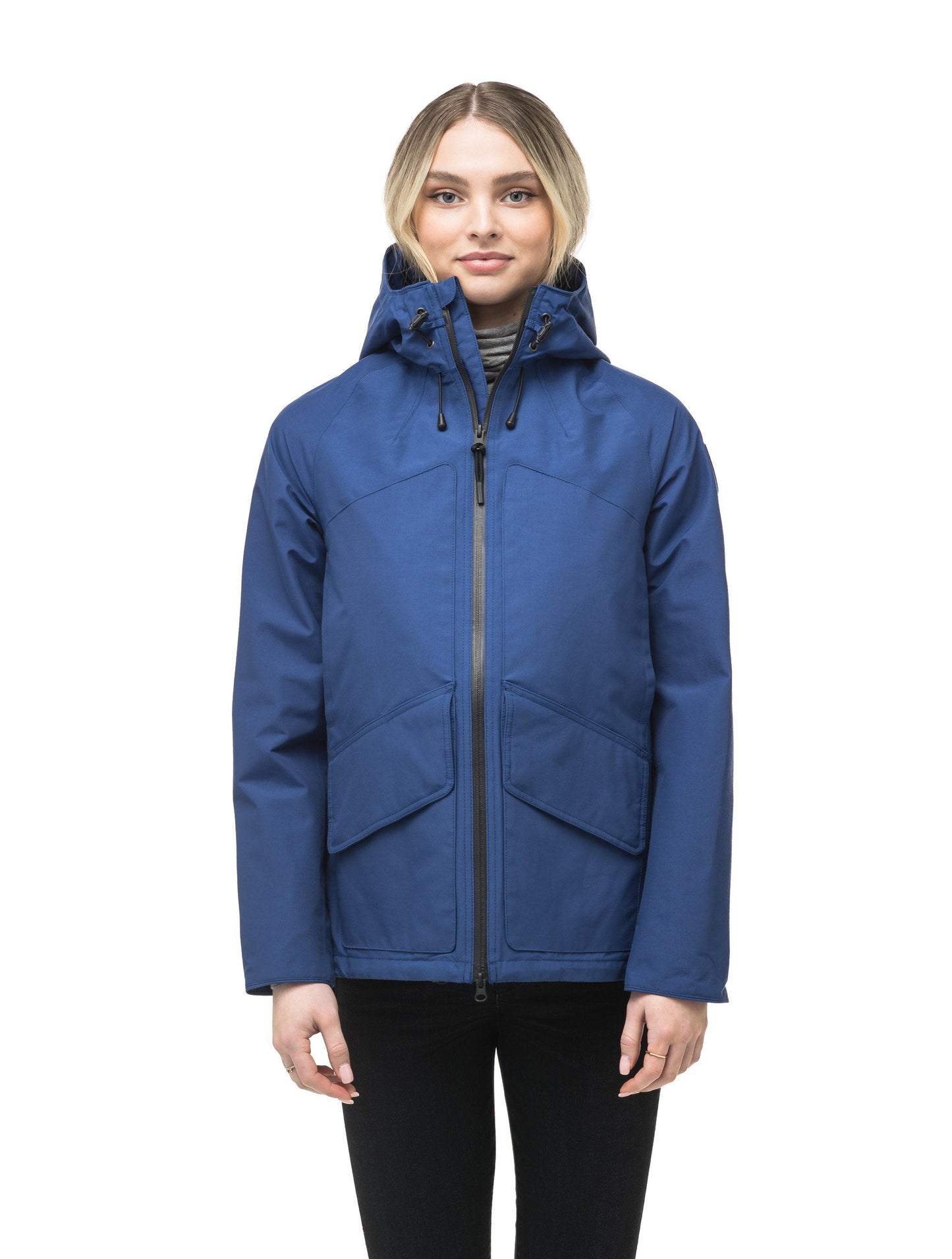 Women's hooded rain jacket with high low hem in Royal