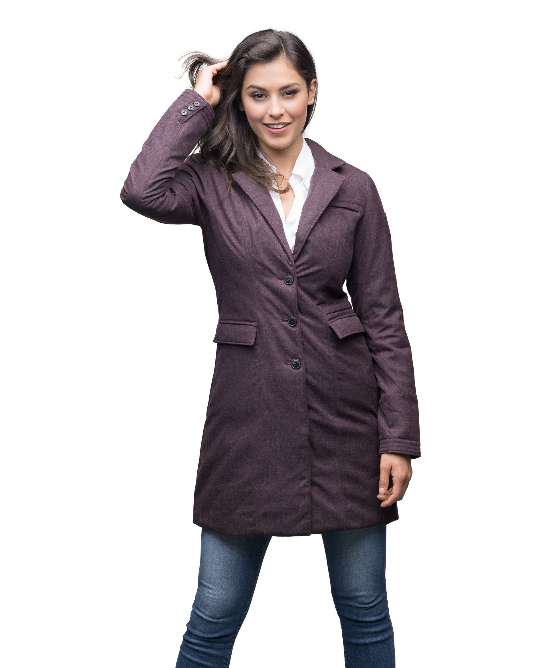 Women's mid length down filled overcoat in H. Burgundy