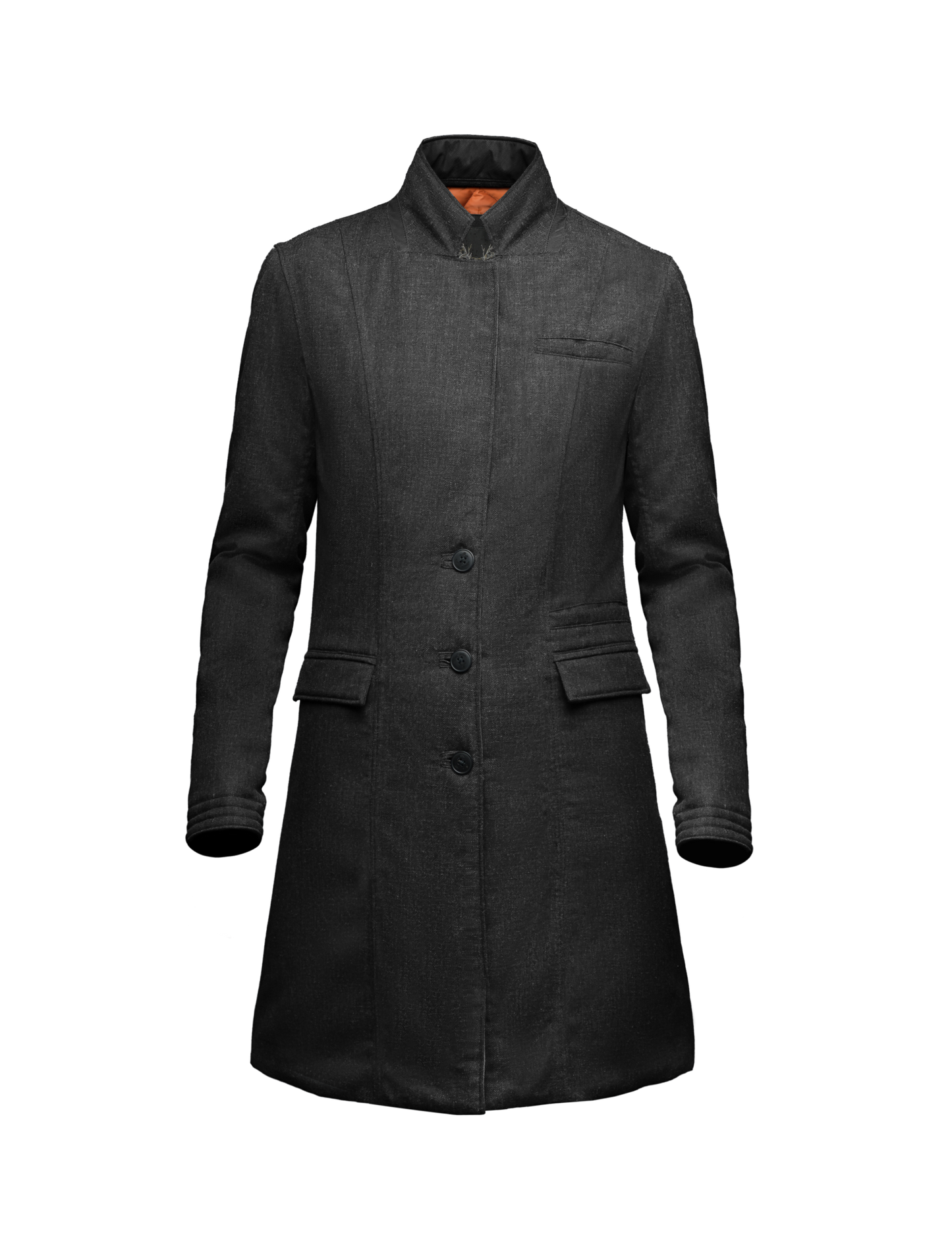 Women's mid length down filled overcoat in H. Black