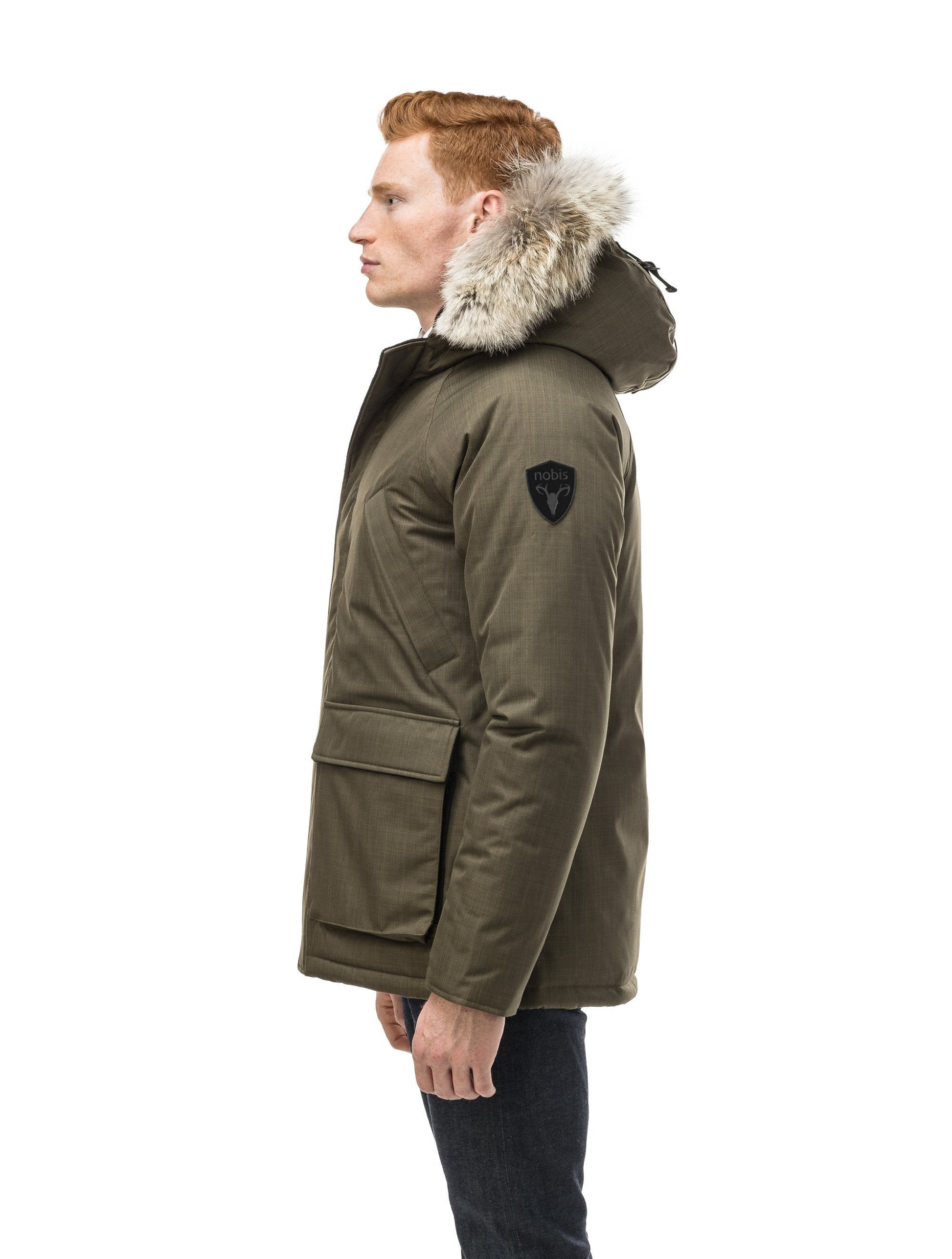 Men's waist length down filled jacket with two front pockets with magnetic closure and a removable fur trim on the hood in CH Army Green