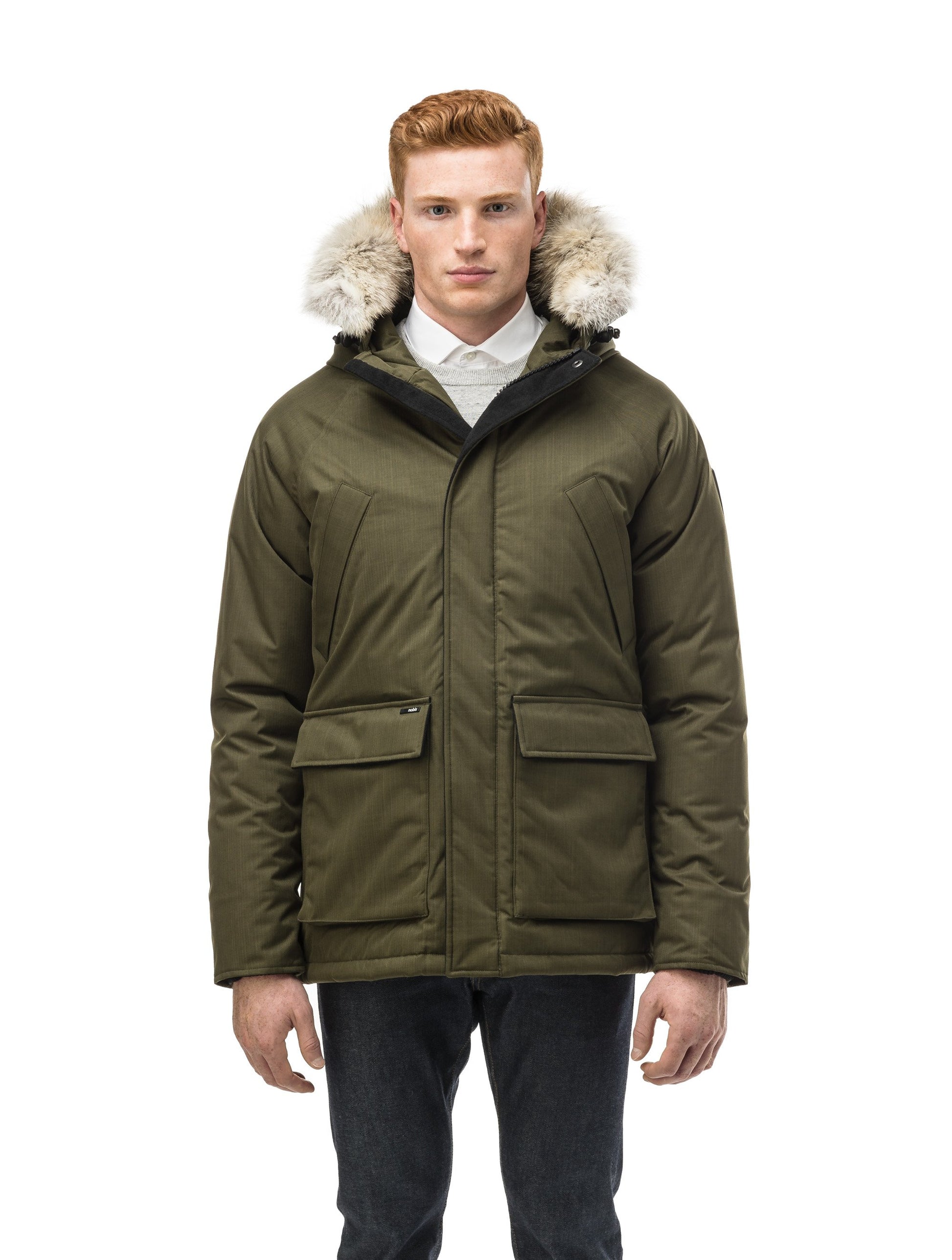 Men's waist length down filled jacket with two front pockets with magnetic closure and a removable fur trim on the hood in CH Fatigue