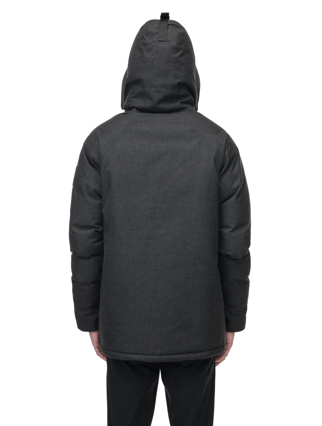 Duncan Keith Heritage Men's Parka in hip length, and features Canadian duck down insulation, non-removable hood with removable coyote fur trim, fleece-lined chest pockets, top and side entry waist pockets, adjustable waist cord, interior zipper pocket, and co-branding with Keith's signature on the left outer waist pocket, in H. Black