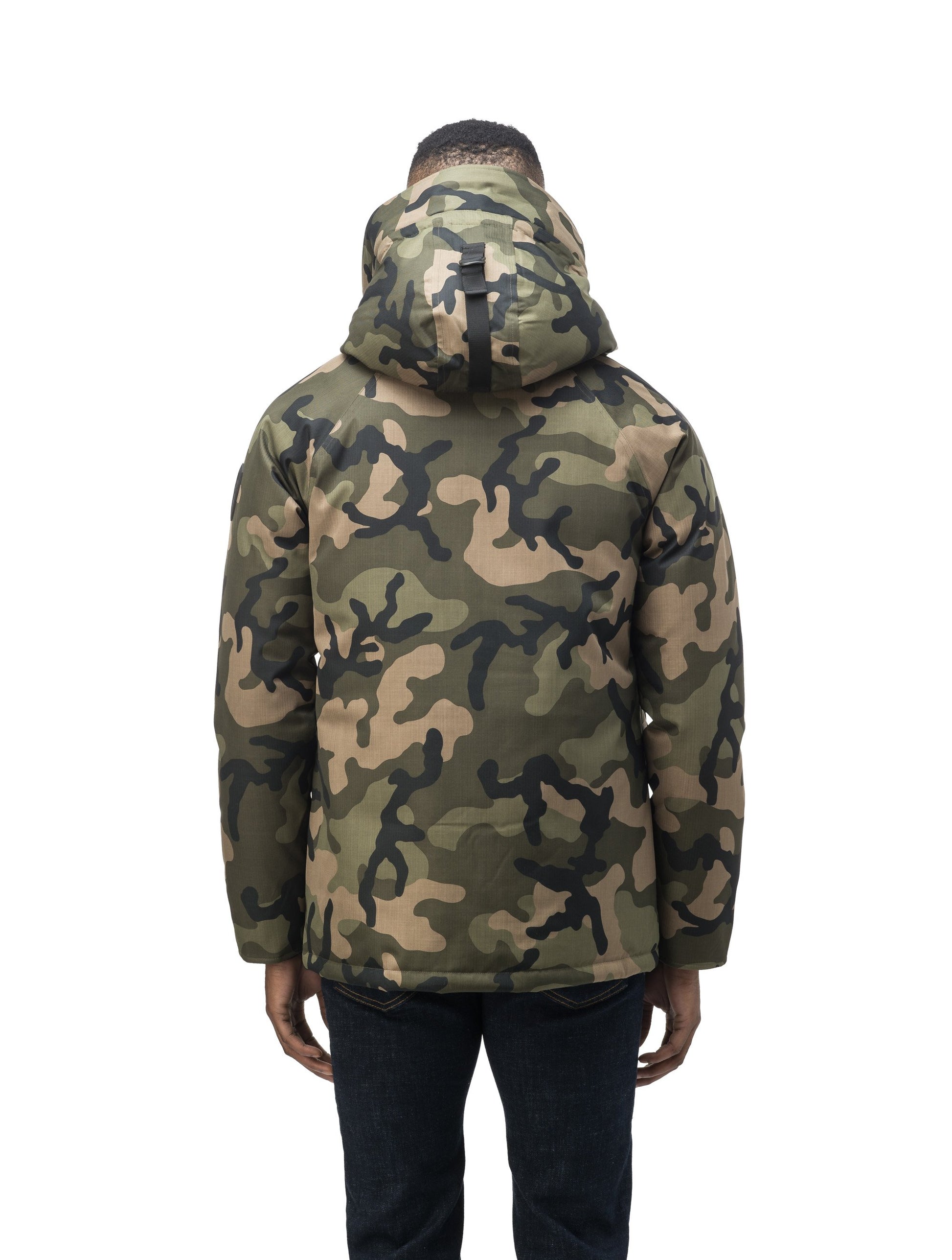 Men's waist length down filled jacket with two front pockets with magnetic closure and a removable fur trim on the hood in CH Camo