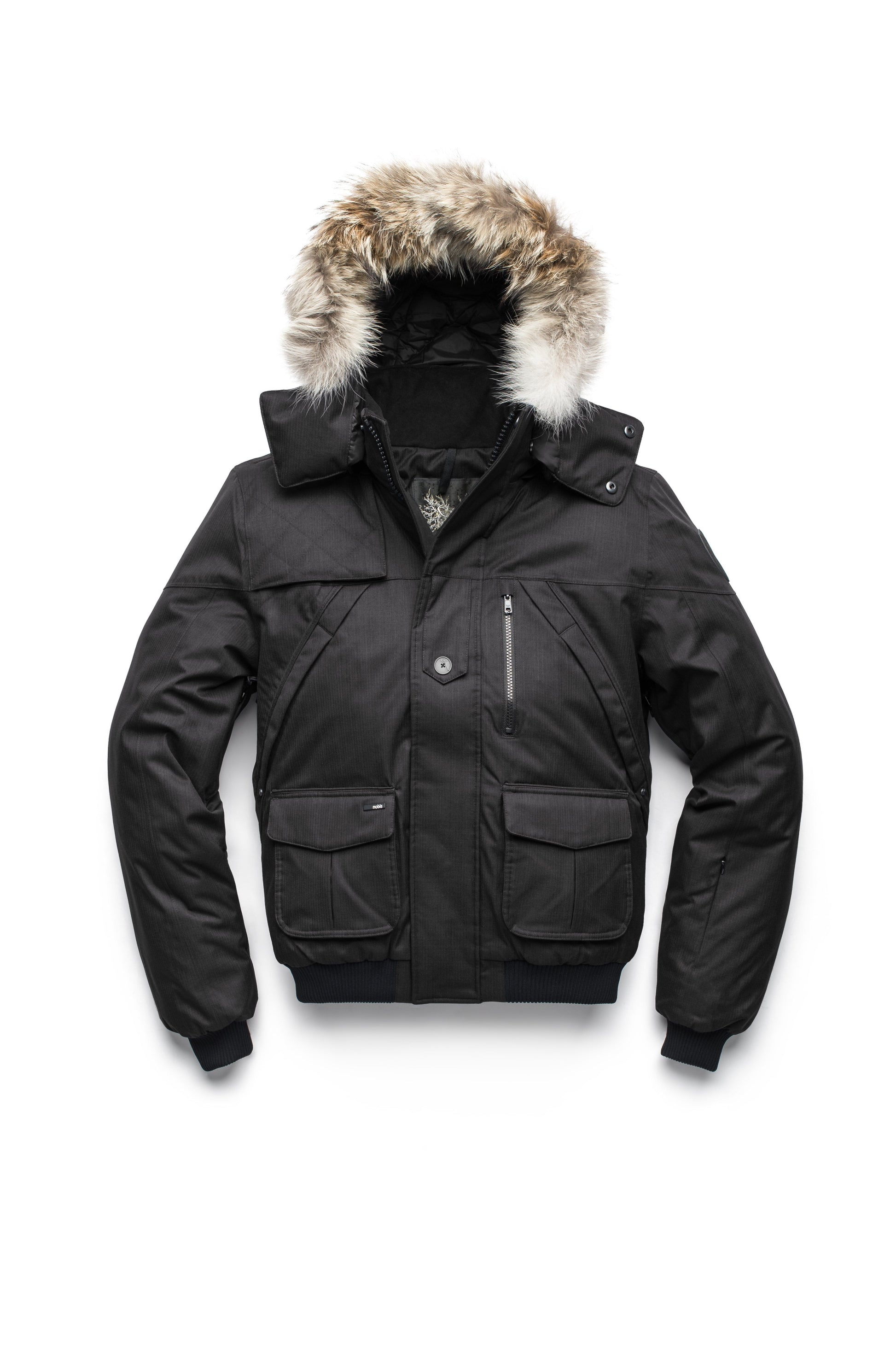 Men's classic down bomber with two patch pockets and a right shoulder storm flap in CH Black