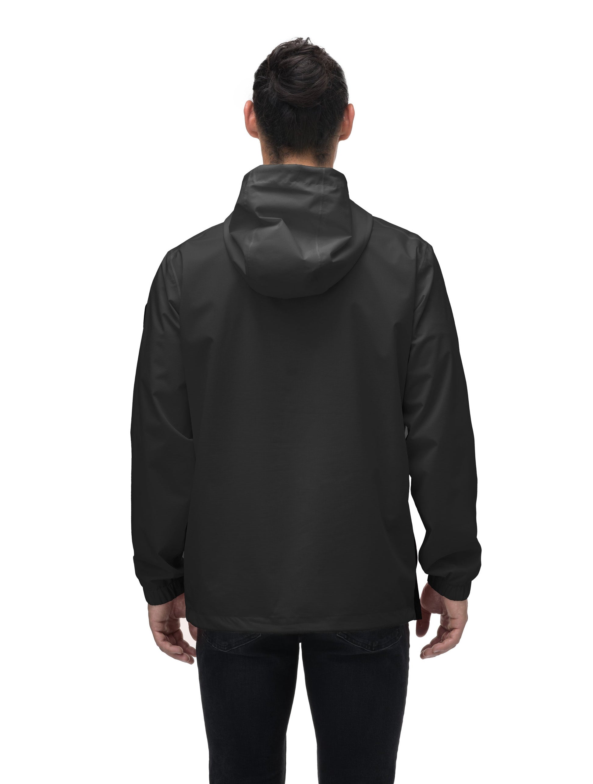 Men's hip length hooded pullover anorak with zipper at collar in Black