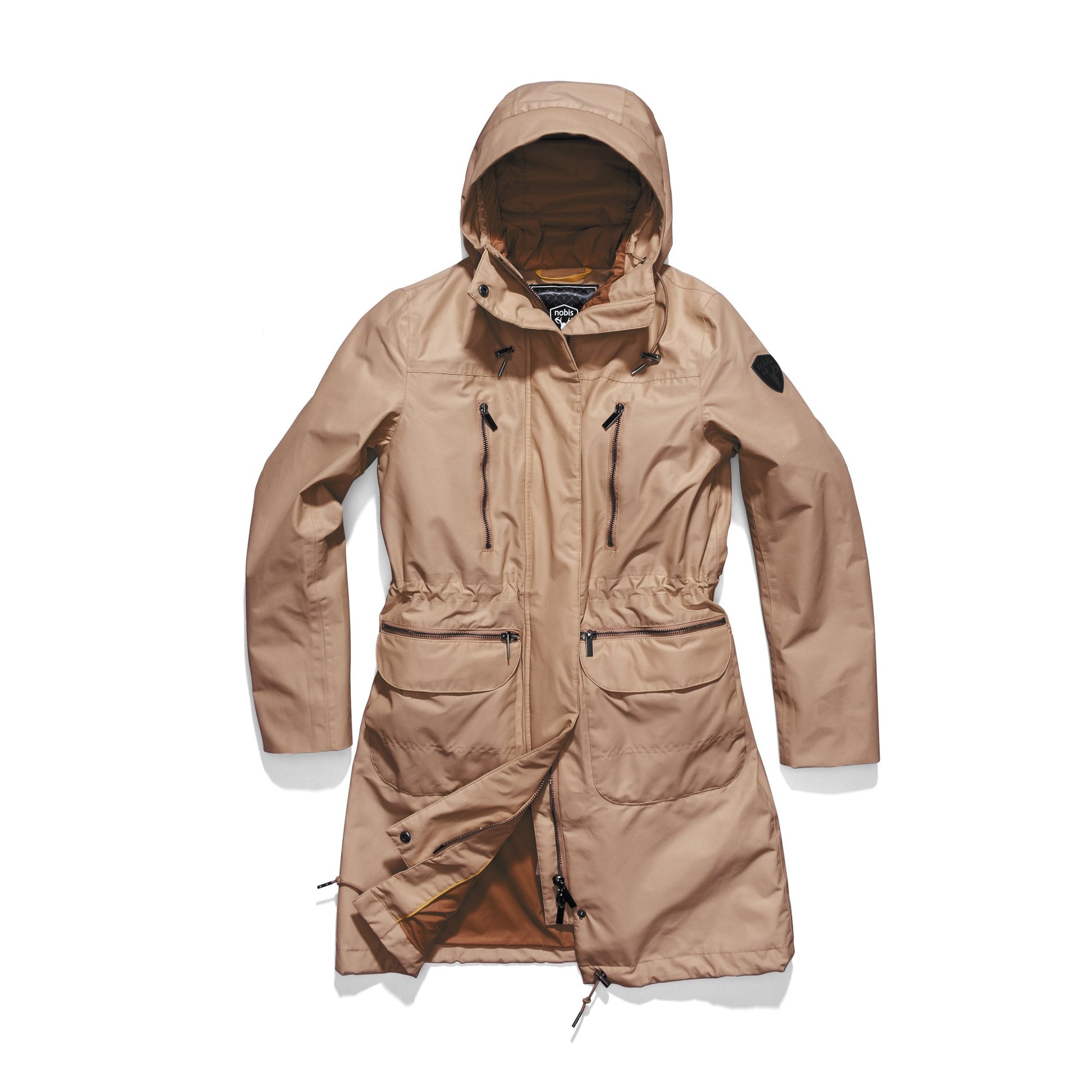 Women's knee length anorak with four front pockets and adjustable cord waist in Fawn