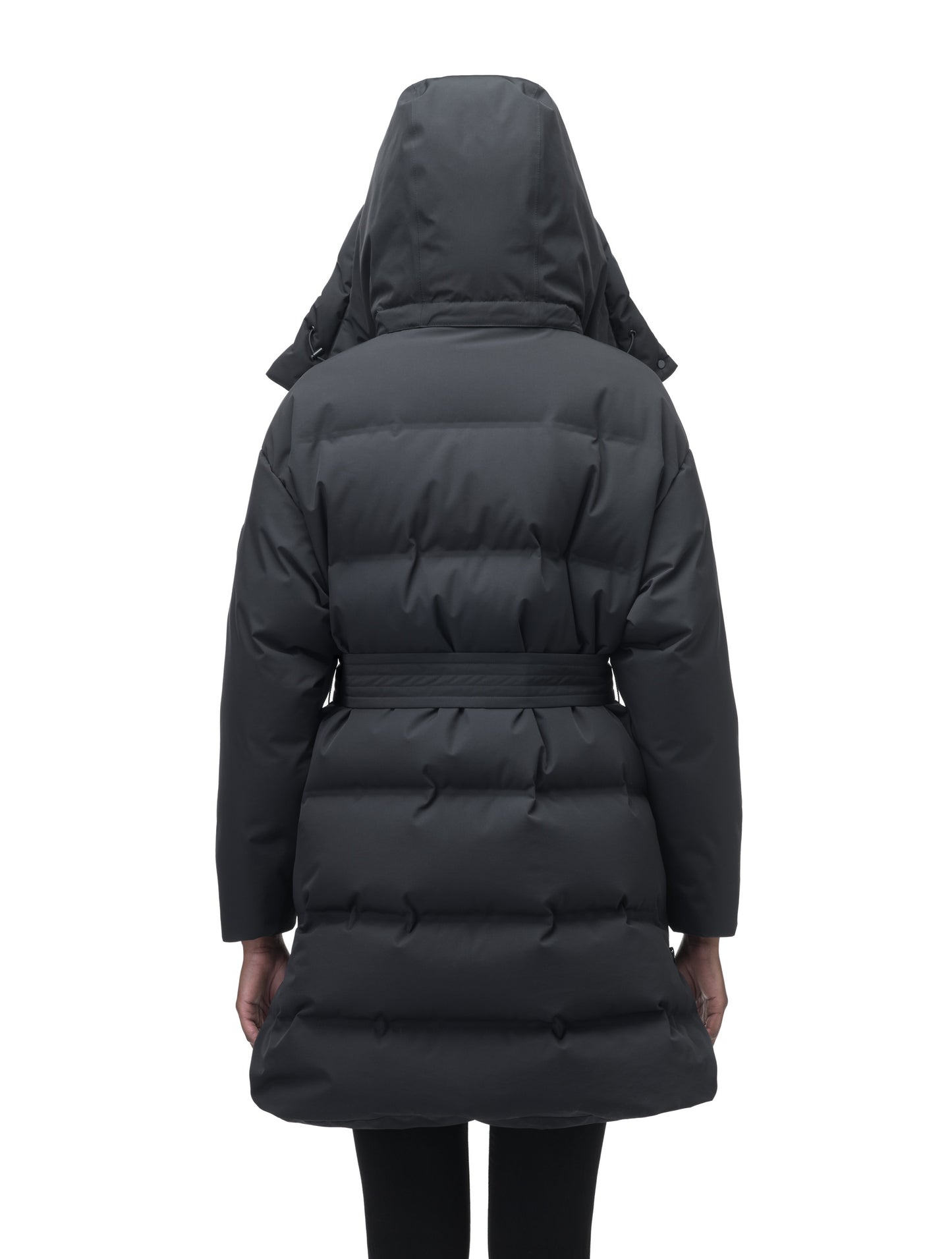 Women's thigh length down parka with removable hood and adjustable belt in Black