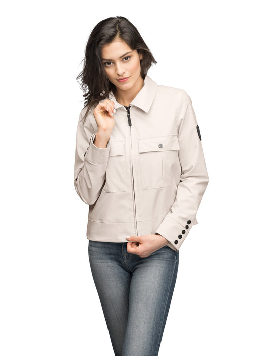 Women's cropped military inspired jacket with shirt collar detail in Camel