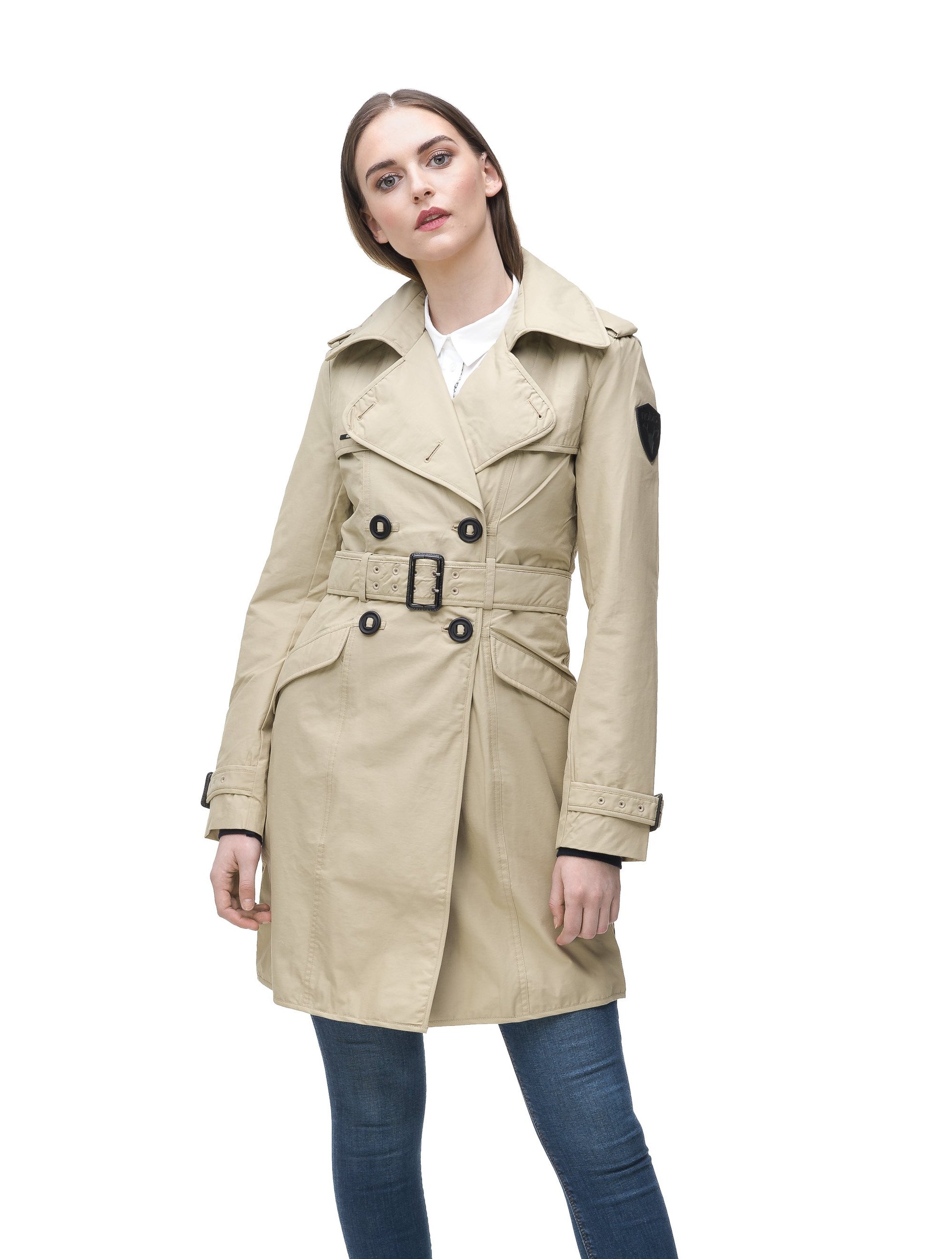 Women's classic trench coat that falls just above the knee in Tan