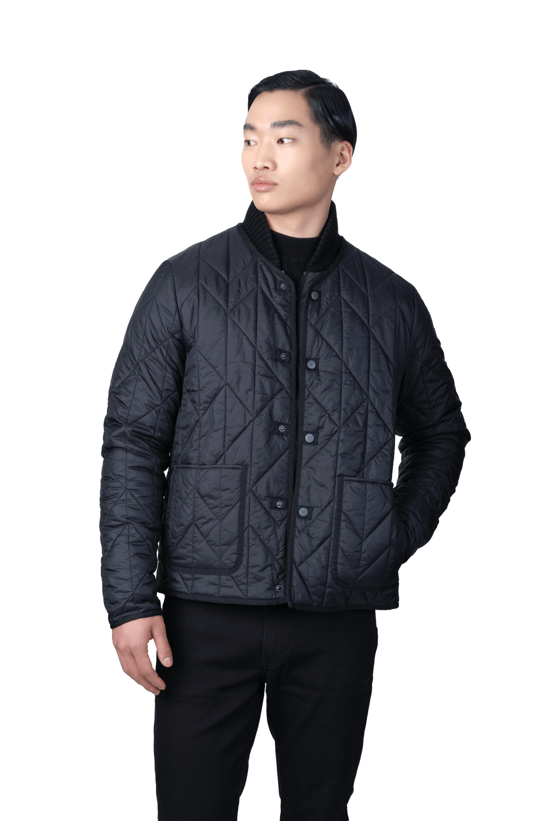 Lunar New Year Men's Quilted Short Jacket in hip length, sustainable and environmentally friendly Primaloft Gold Insulation Active+, with branded snap button front, two waist patch pockets, and chevron quilted body, in Black