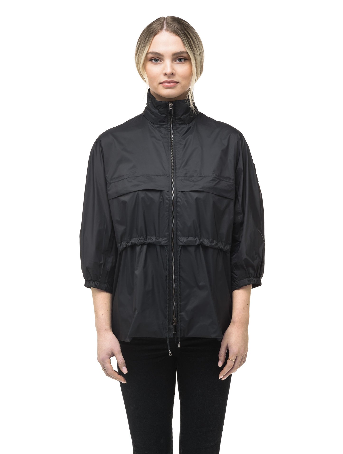 Women's waist length windbreaker with two chest pockets in Black