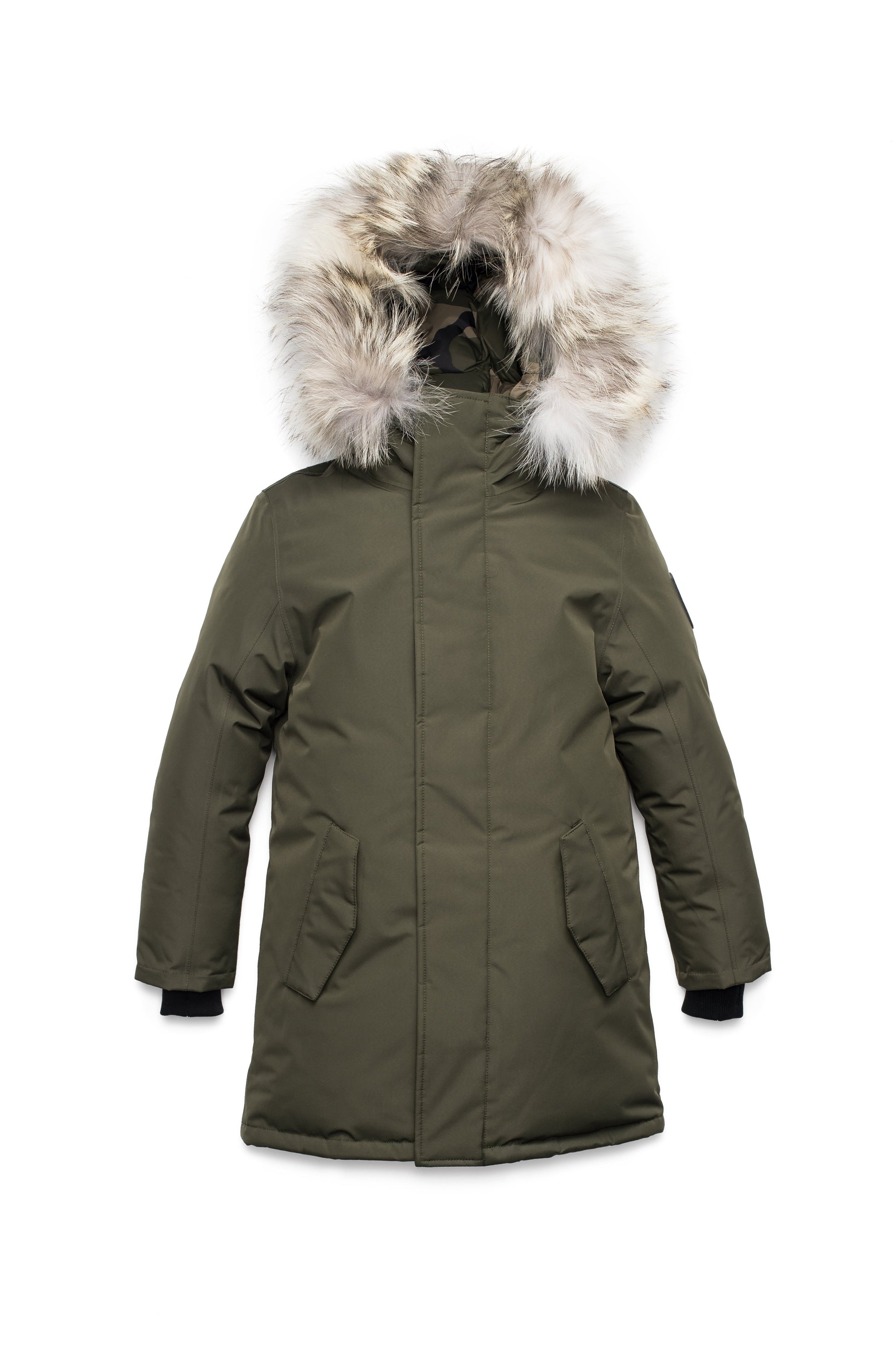 Kids' thigh length down-filled parka with non-removable hood and removable coyote fur trim in Fatigue