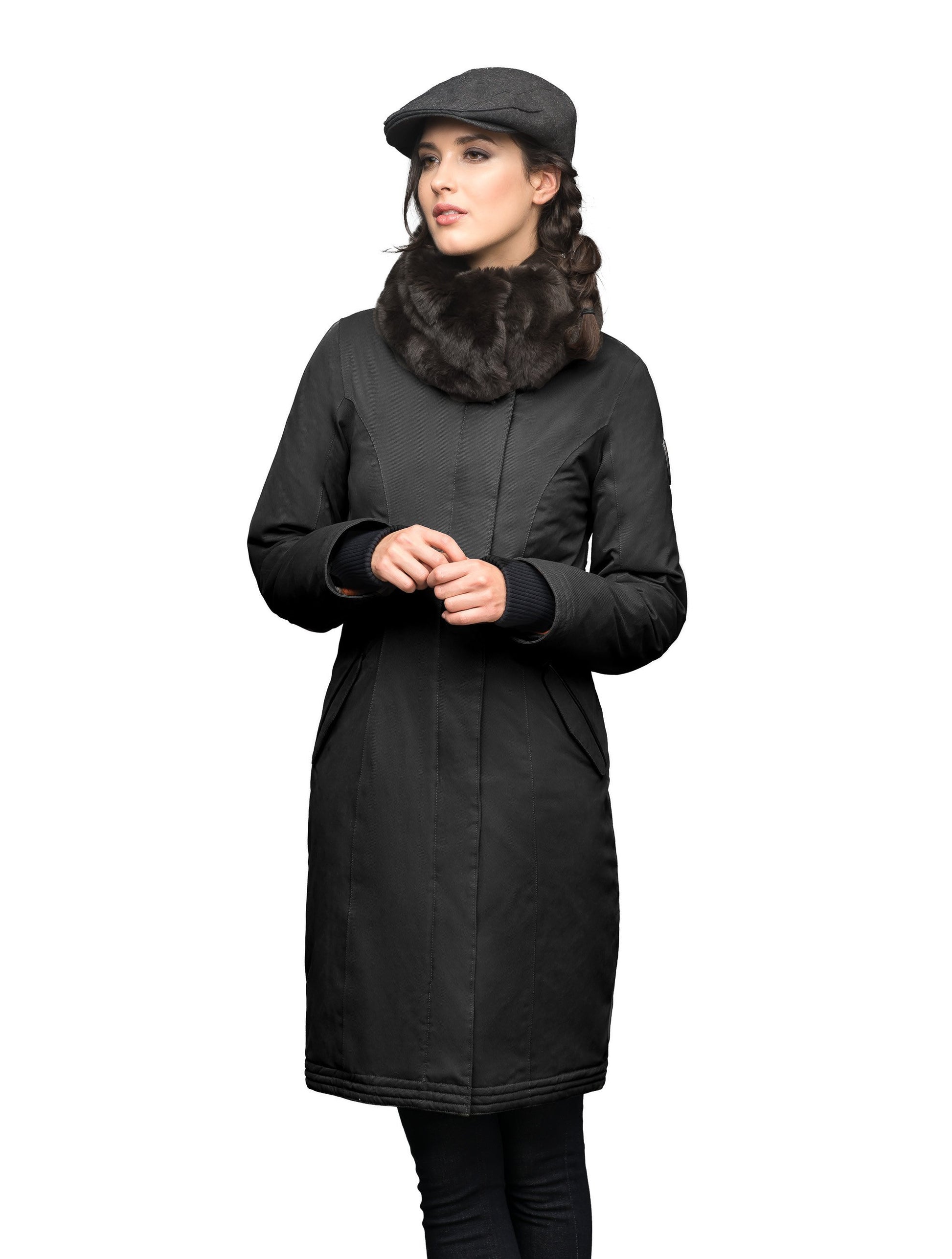 Women's down filled overcoat with fur trim in Black
