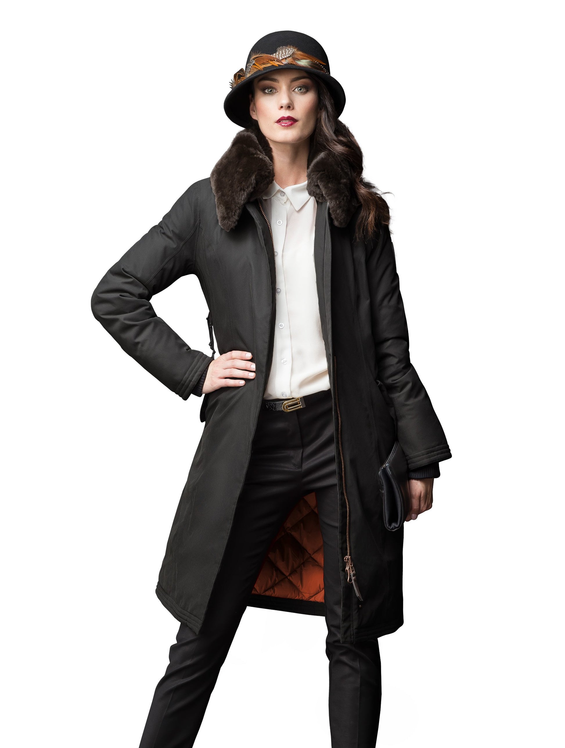Women's down filled overcoat with fur trim in Black