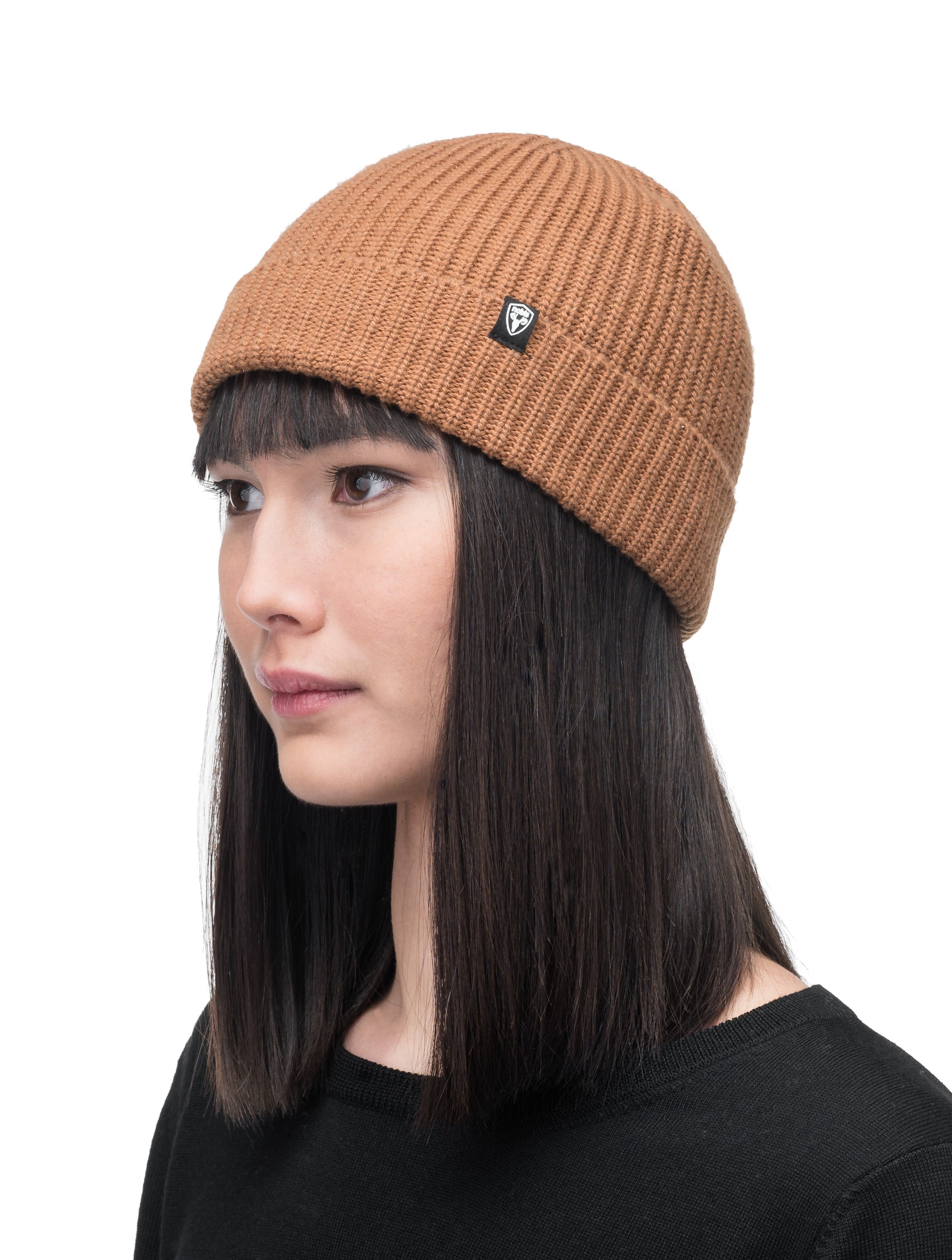 Elain Unisex Knit Toque in ribbed fabric, and Nobis label on cuff, in Cognac