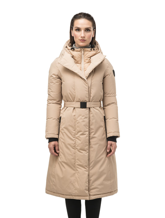 Long calf length hooded women's winter parka with an inner hip length closure, exterior hem length zipper and magentic placket in Fawn