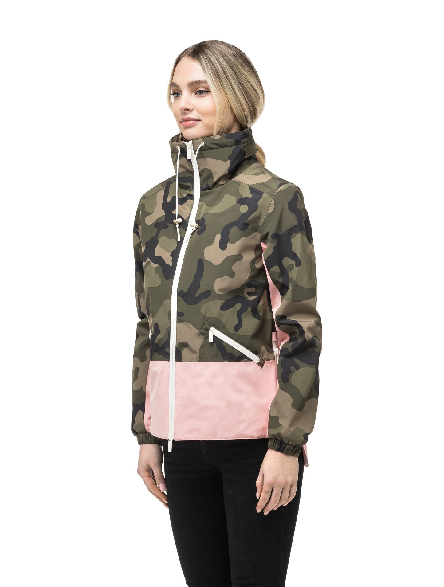 Leah waist length women's jacket in the Camo/Shell Pink color