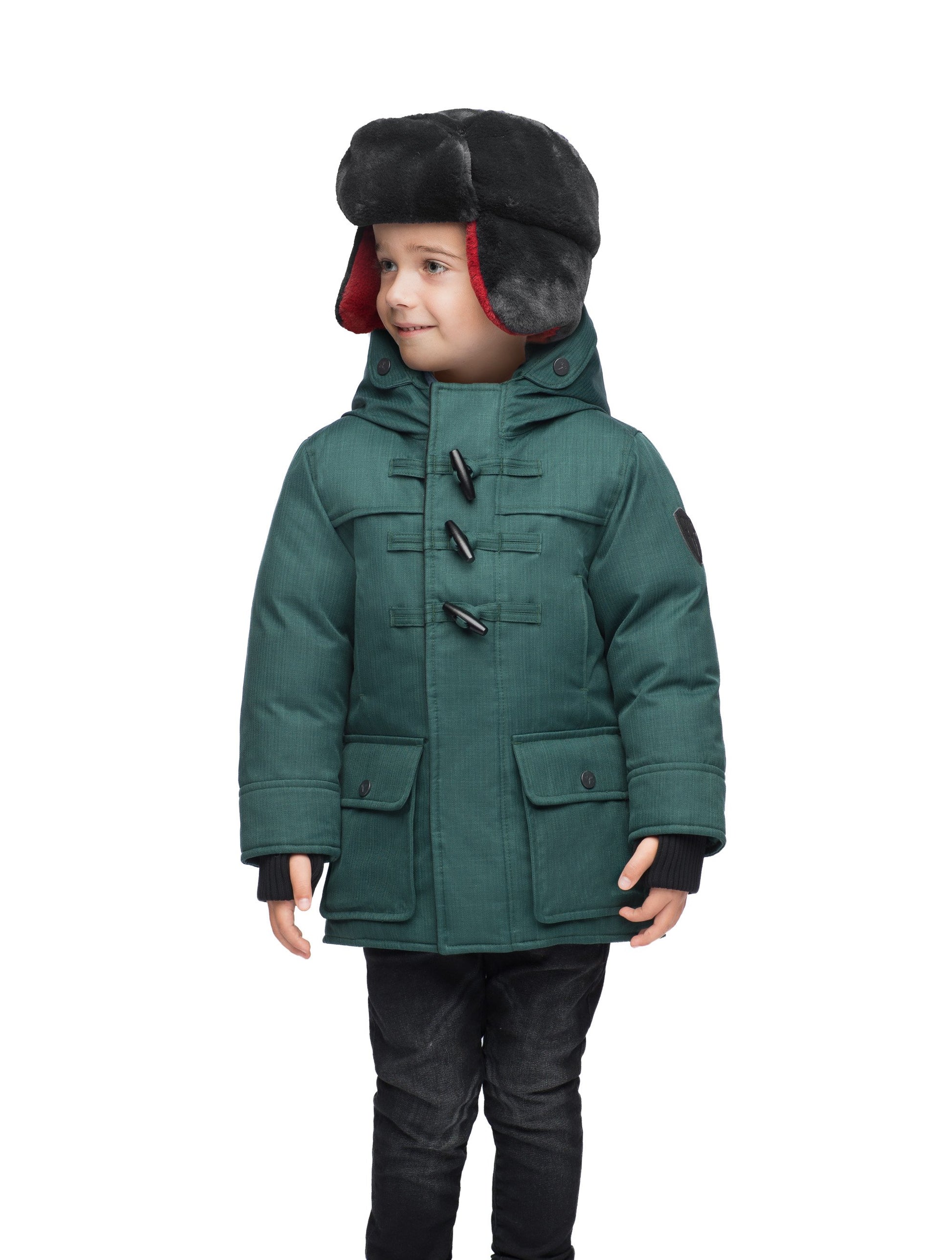 Kid's thigh high down coat with toggle closures in CH Forest