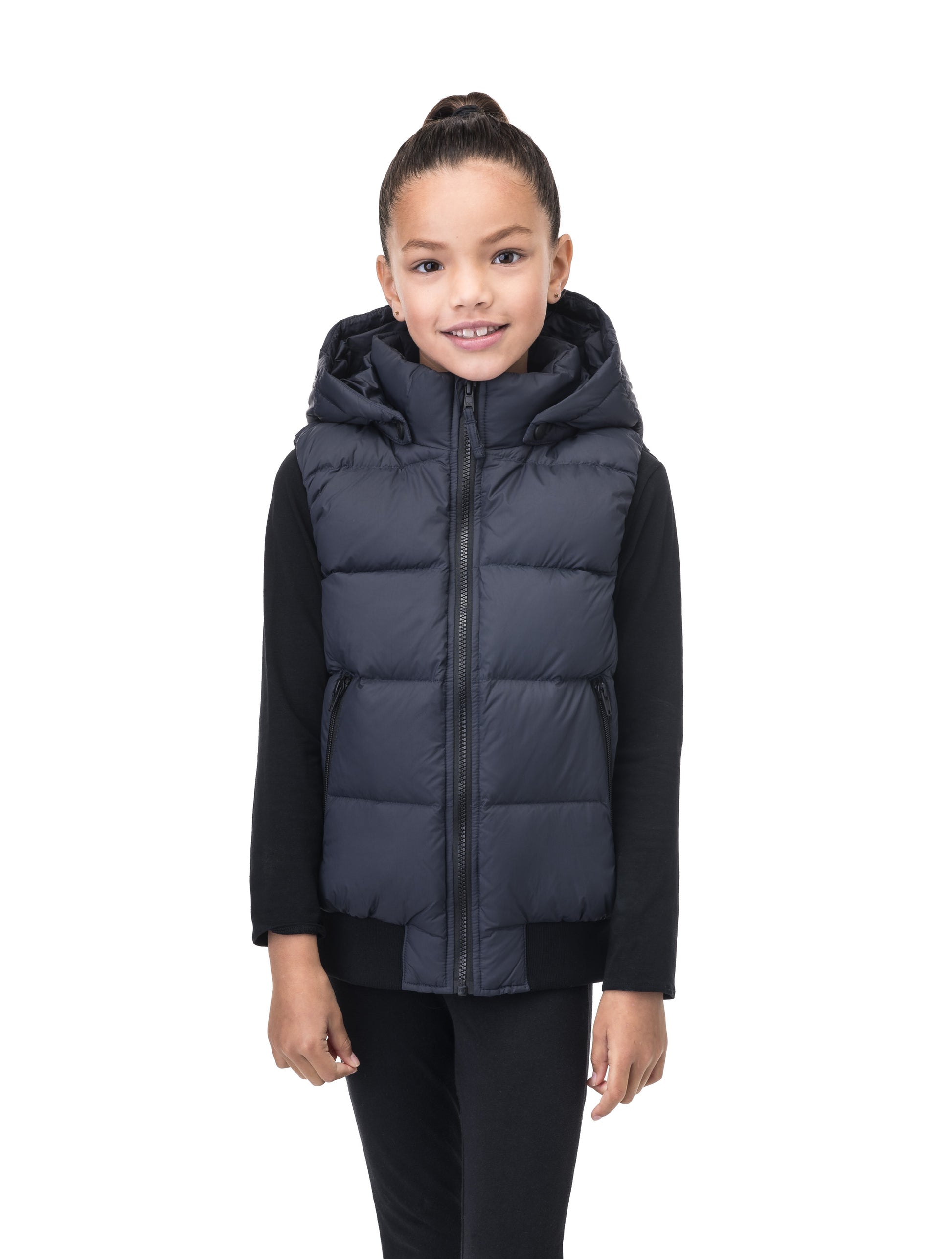 Sleeveless down filled kids vest with a hood and contrast zipper details in Navy