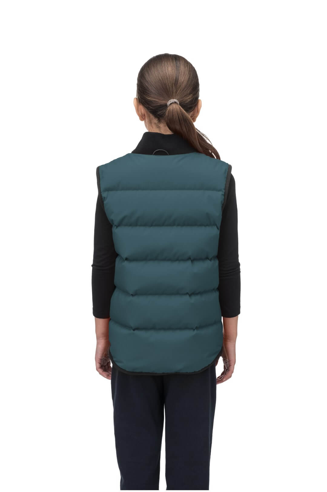 Little Pluto Kids Mid Layer Vest in hip length, Canadian duck down insulation, ribbed collar, two-way front zipper, and quilted body, in Pine