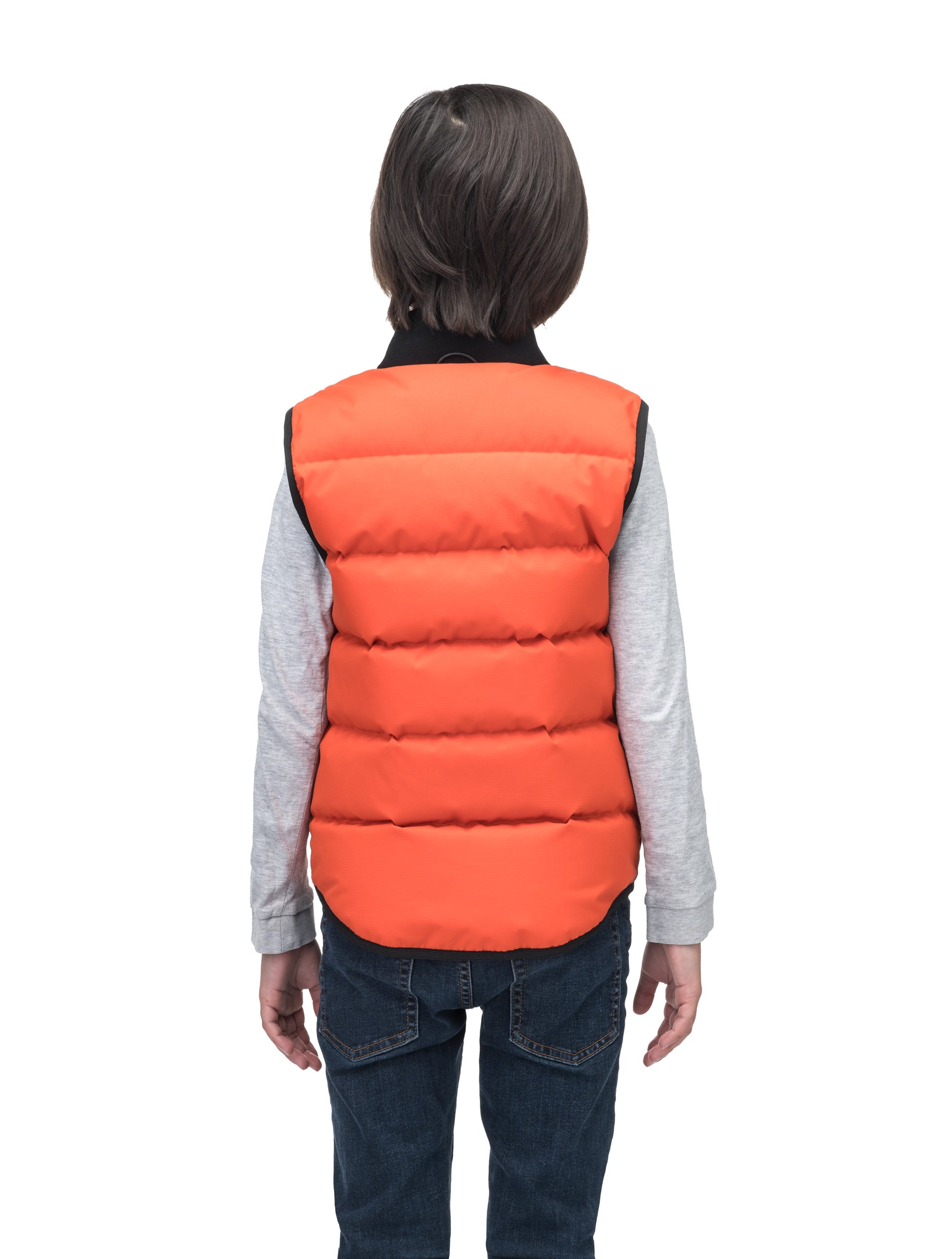 Little Pluto Kids Mid Layer Vest in hip length, Canadian duck down insulation, ribbed collar, two-way front zipper, and quilted body, in Terracotta