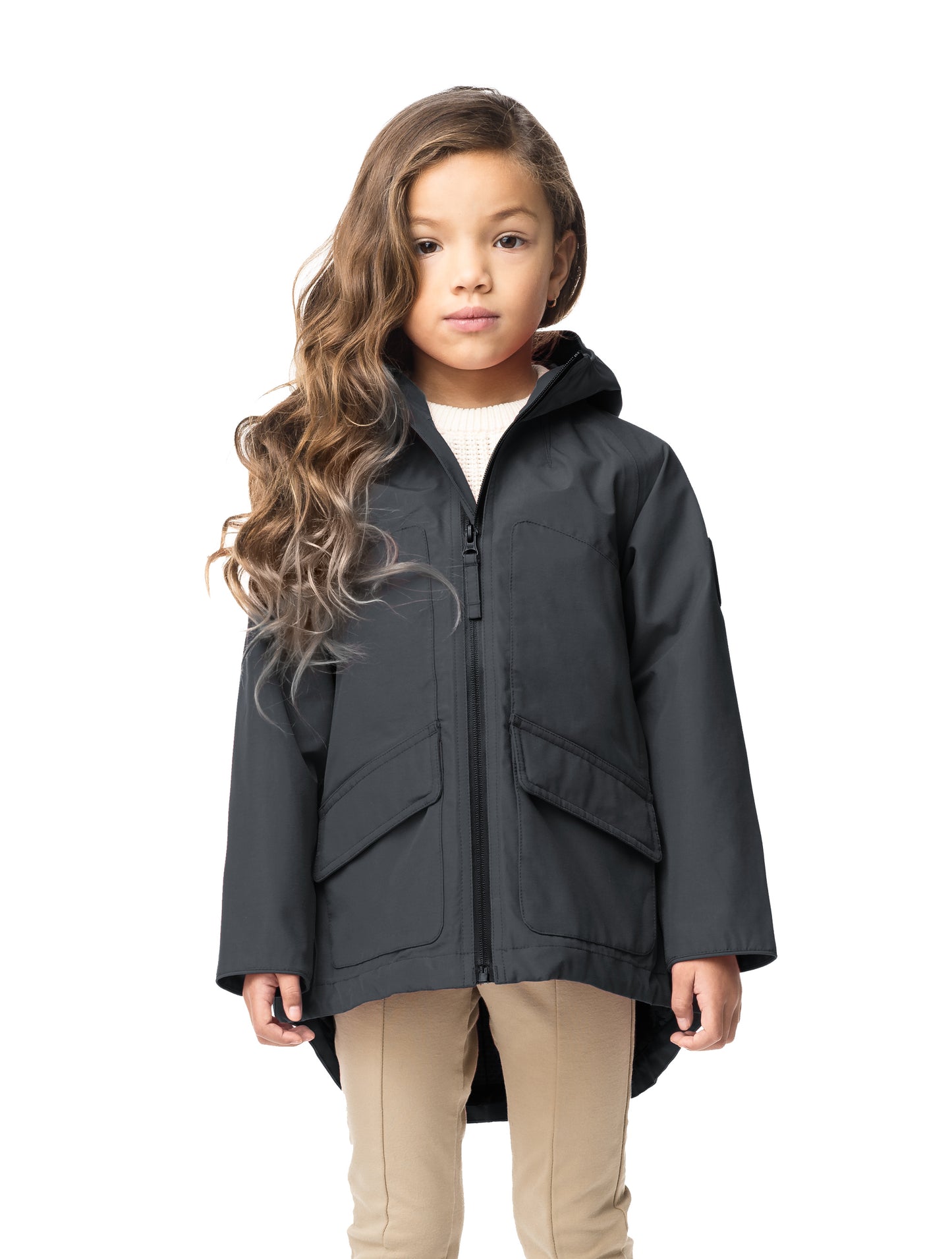 Kid's hip length fishtail rain jacket with hood in Black