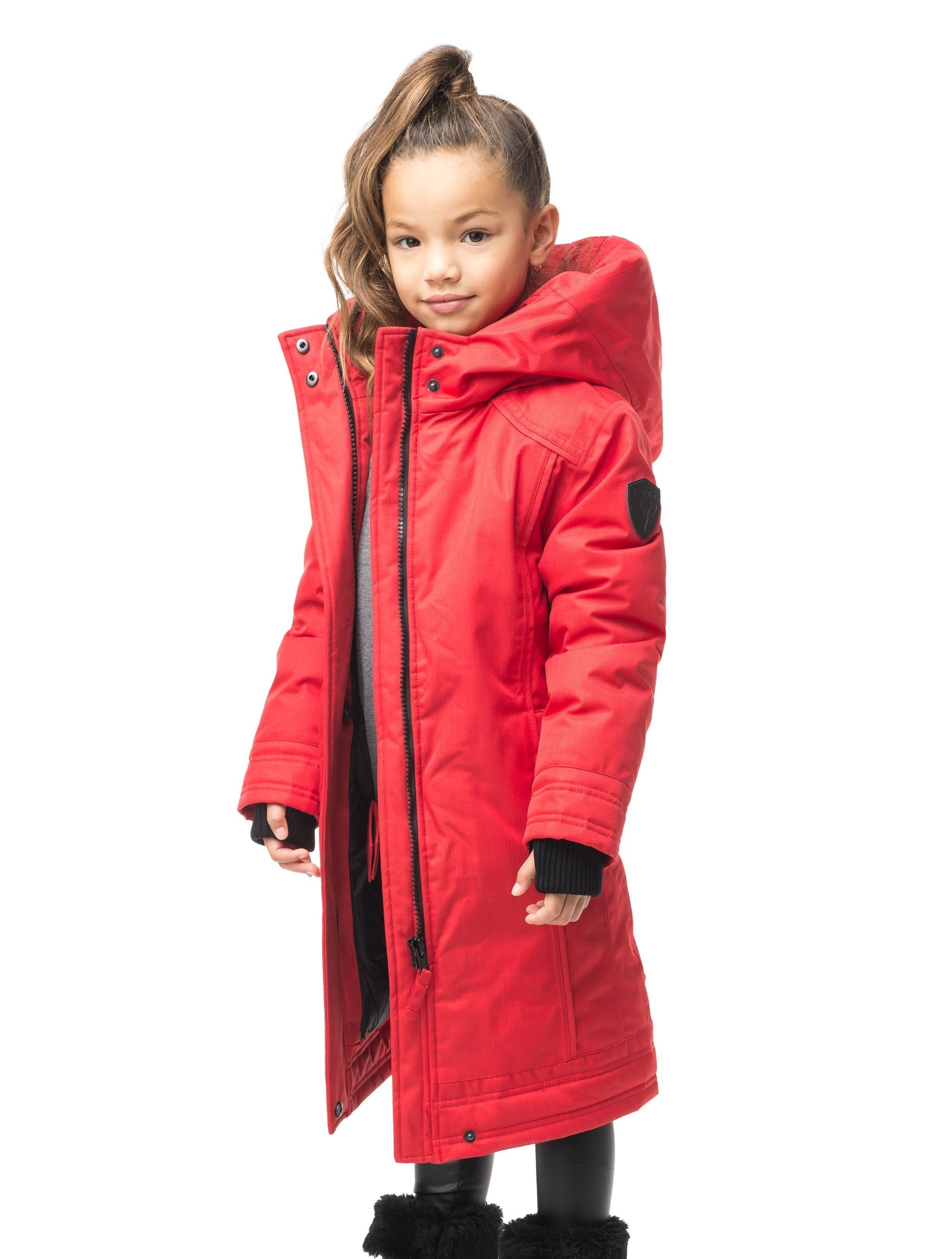 Kid's knee length down coat with fur free hood in Red