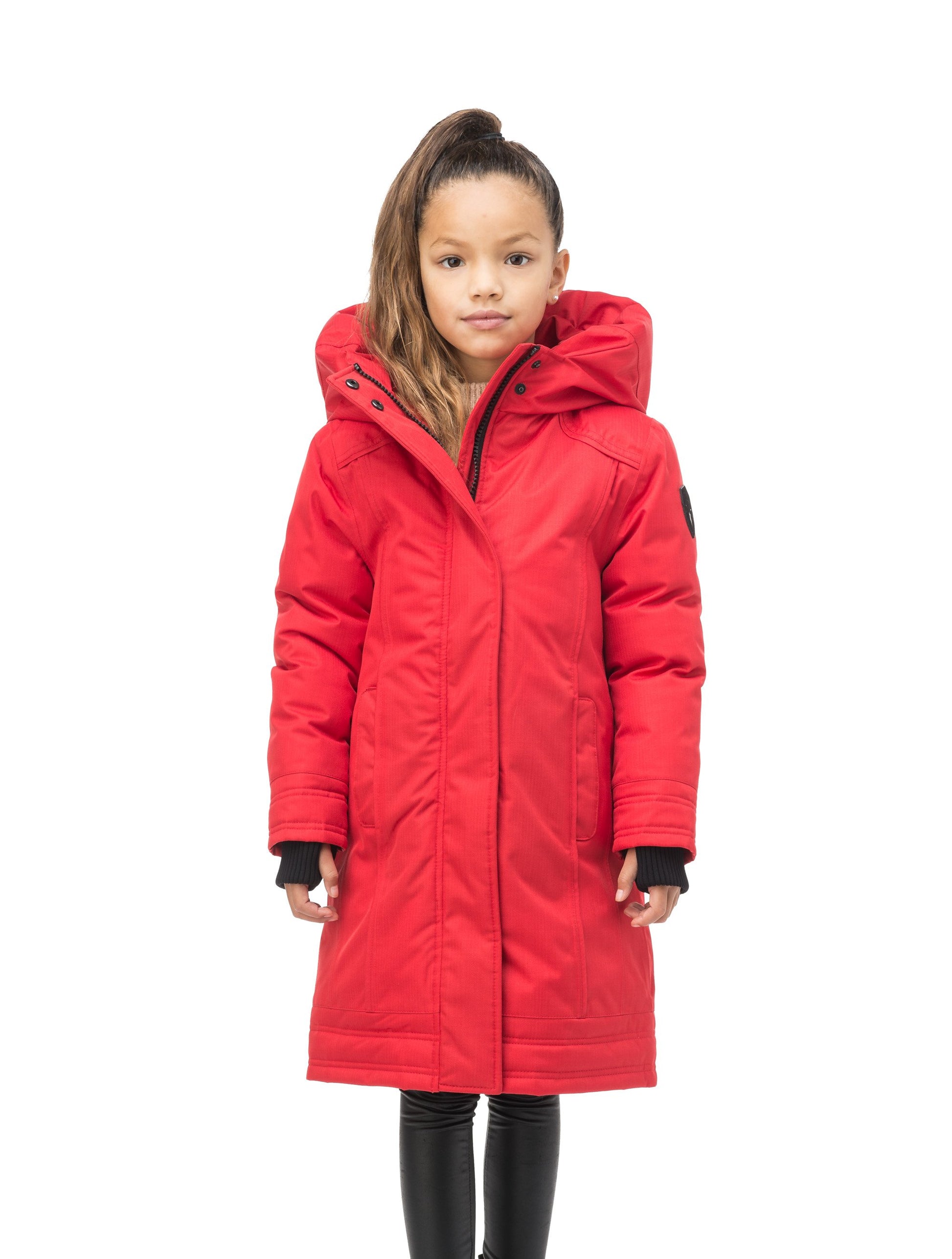 Kid's knee length down coat with fur free hood in Red