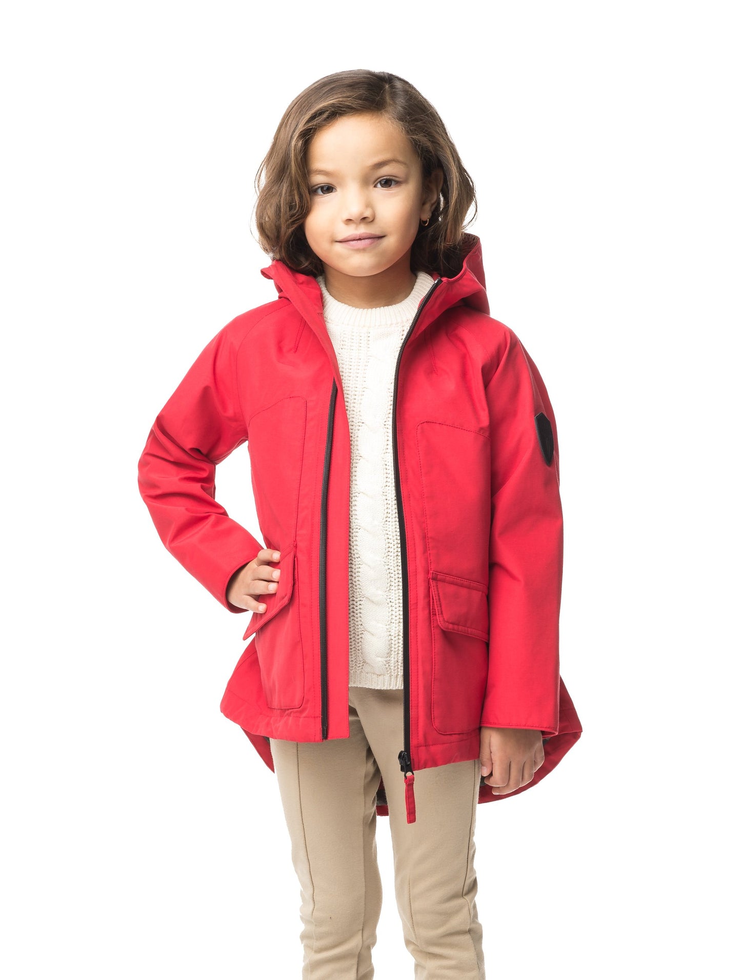Kid's hip length fishtail rain jacket with hood in Red