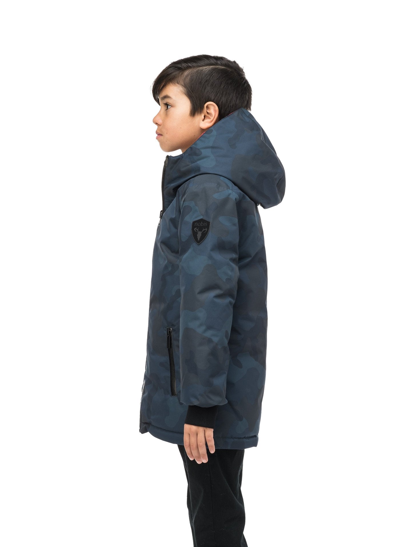 Kids' reversible knee length, down filled parka with waterproof finish in Navy Camo/Vermillion