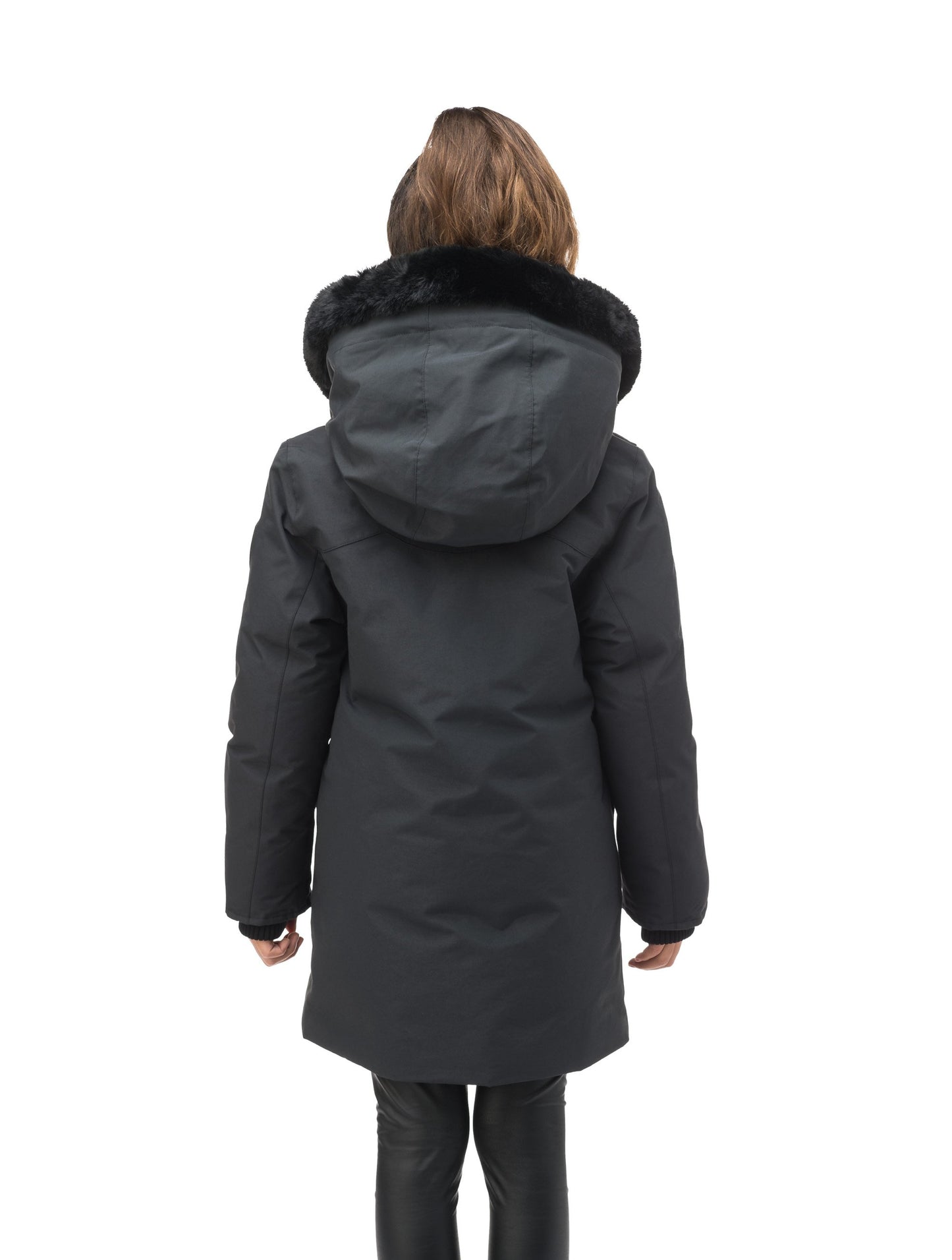 Kid's knee length down filled parka with deer applique detailing on the front patch pockets in Cy Black