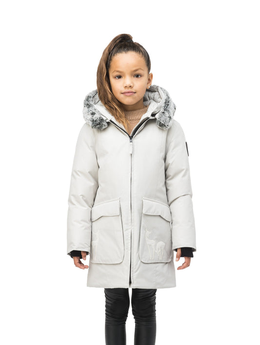 Kid's knee length down filled parka with deer applique detailing on the front patch pockets in Light Grey