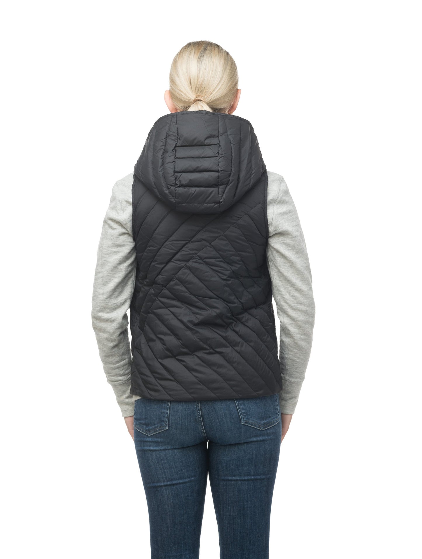 Women's down filled vest with diagonal quilting pattern throughout in Black