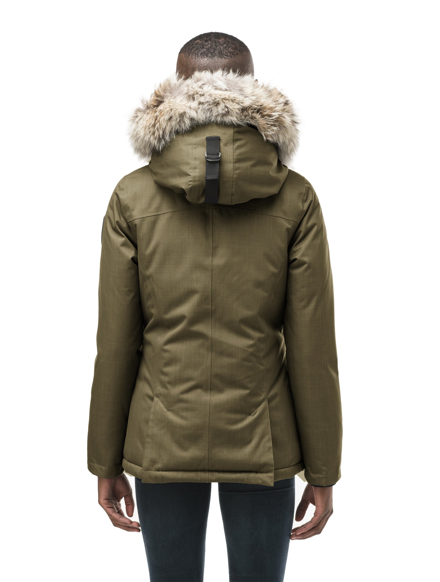 Women's hip length down filled parka in CH Army Green