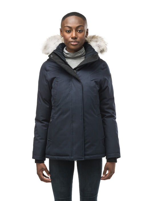 Women's hip length down filled parka in CH Navy