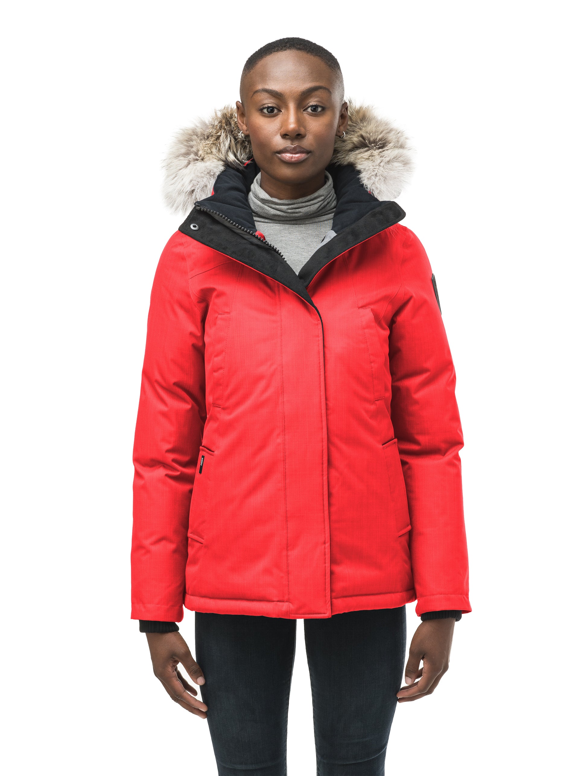 Women's hip length down filled parka in CH Red
