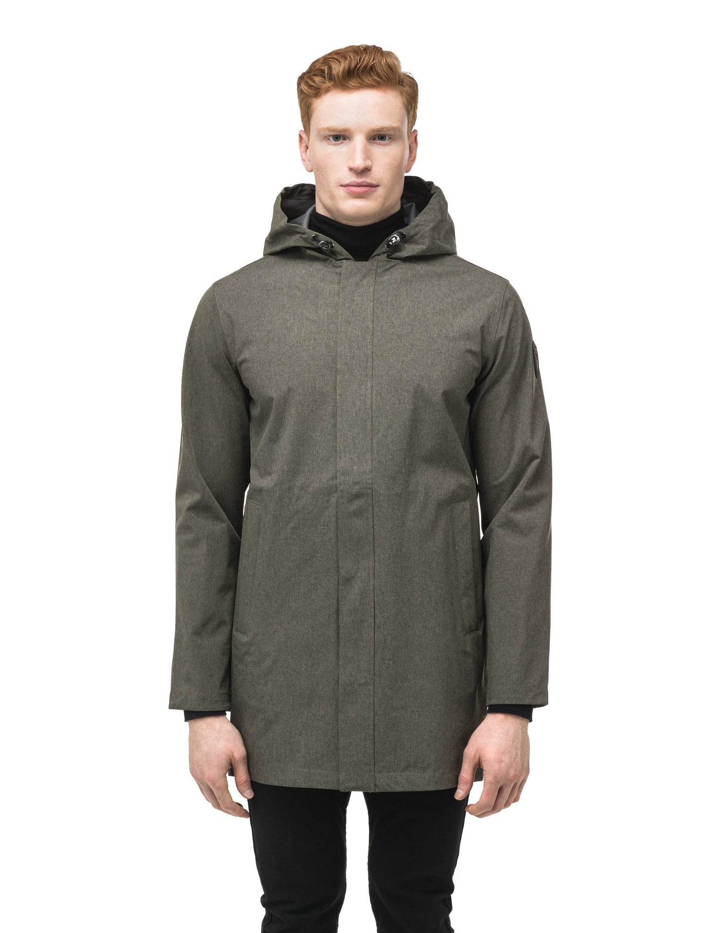 Men's thigh length rain coat with hood in Army Green