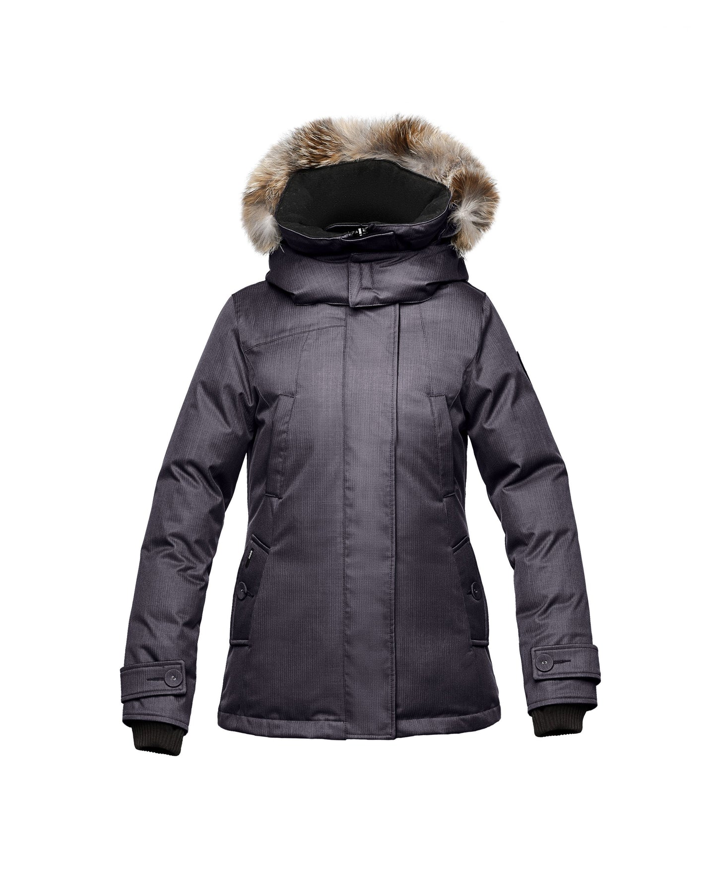 Women's down filled waist length parka with removable fur trim and removable hood in CH Purple